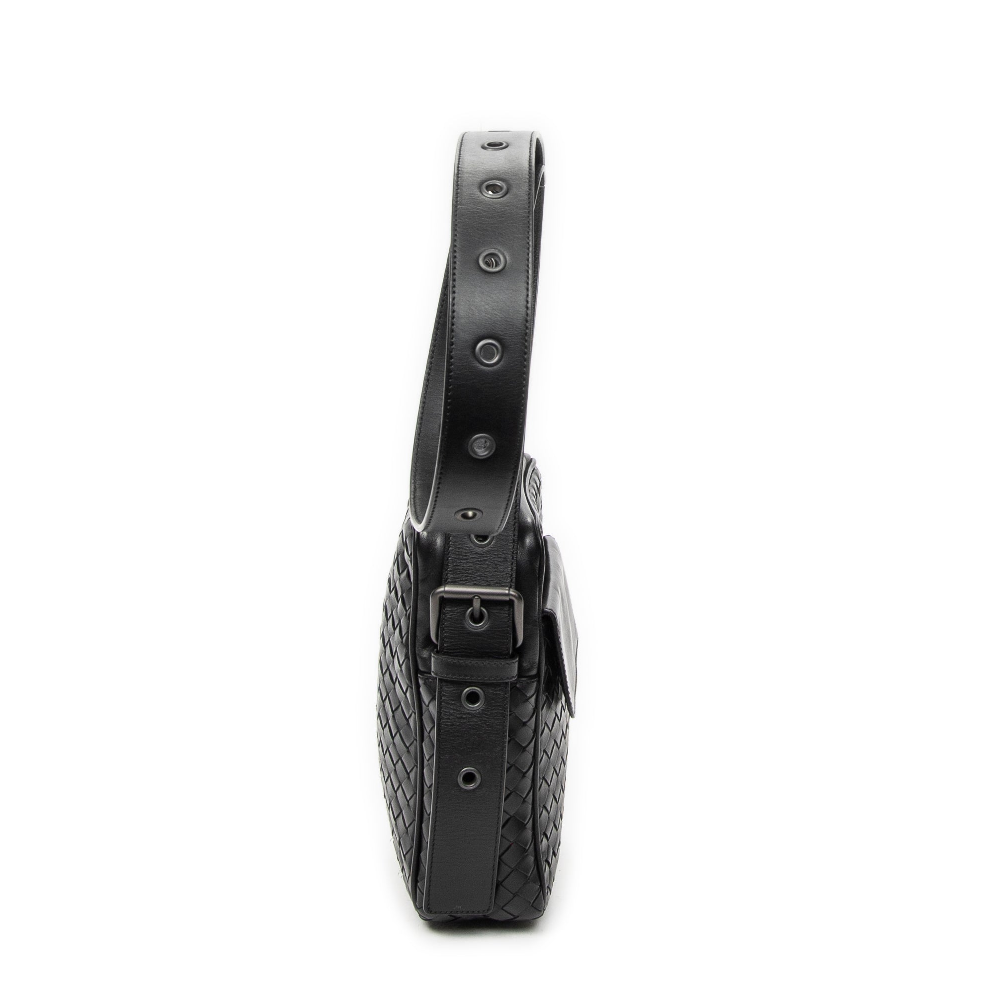 Shoulder Bag Front Pocket Crossbody Black Intrecciato Leather