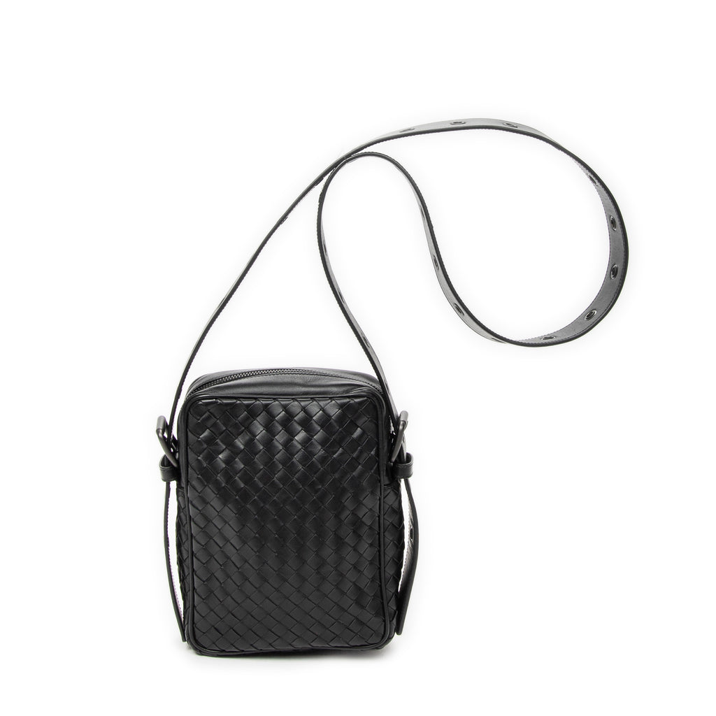 Shoulder Bag Front Pocket Crossbody Black Intrecciato Leather