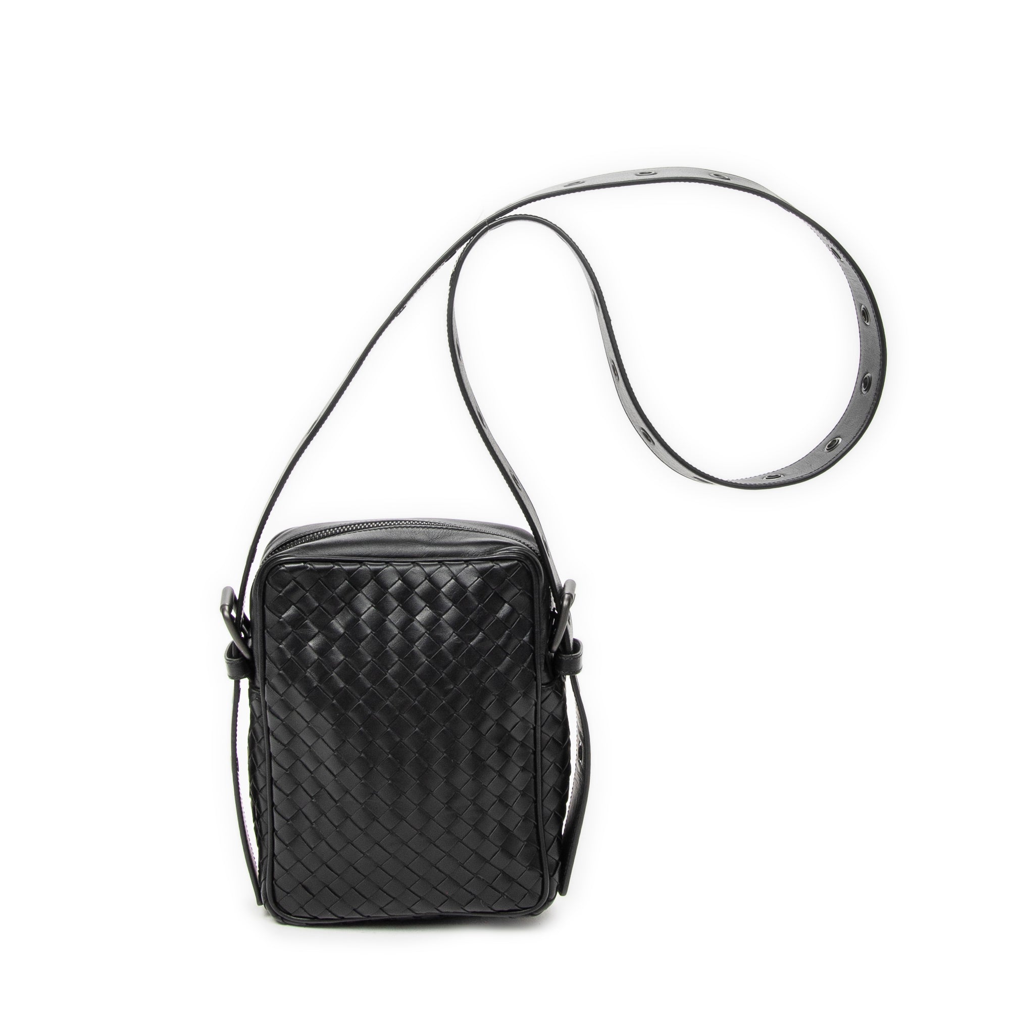 Shoulder Bag Front Pocket Crossbody Black Intrecciato Leather