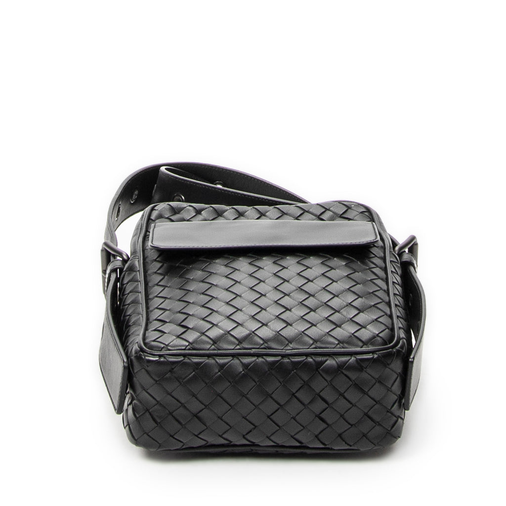 Shoulder Bag Front Pocket Crossbody Black Intrecciato Leather