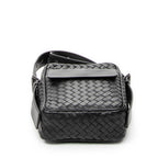 Shoulder Bag Front Pocket Crossbody Black Intrecciato Leather