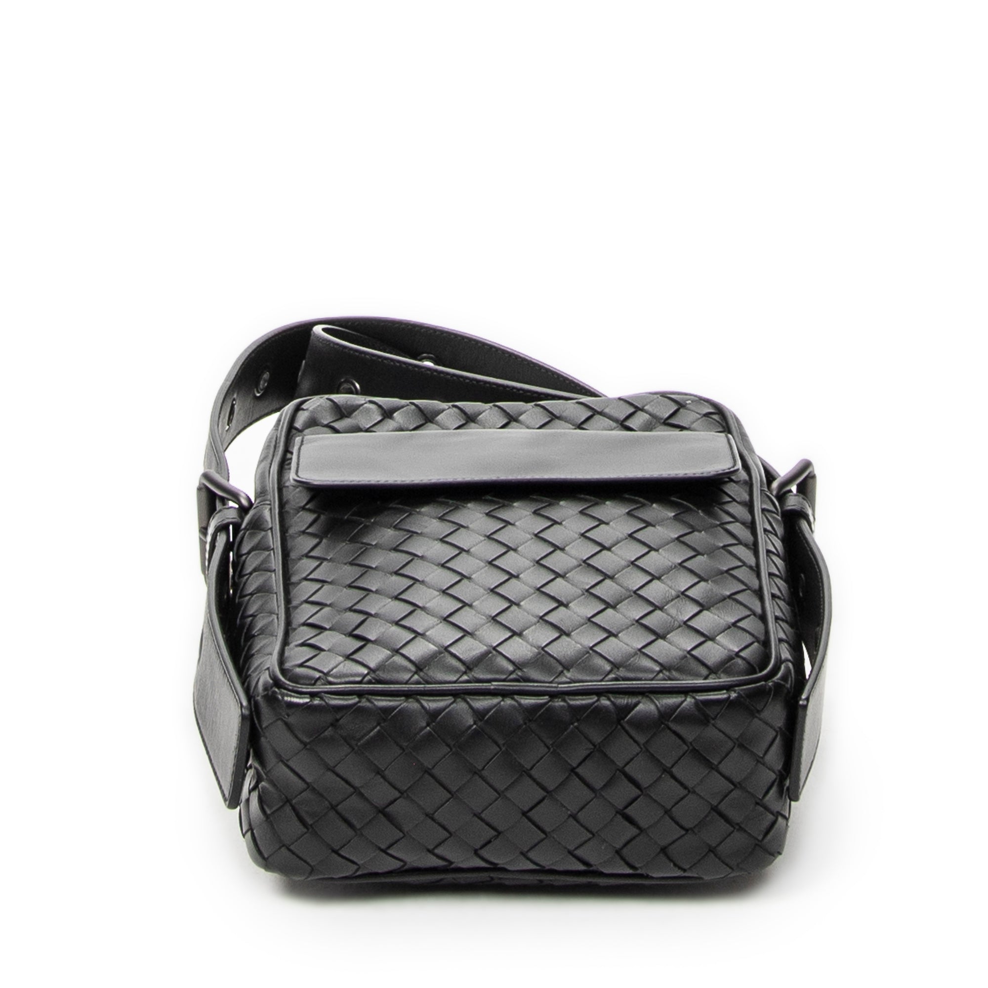 Shoulder Bag Front Pocket Crossbody Black Intrecciato Leather