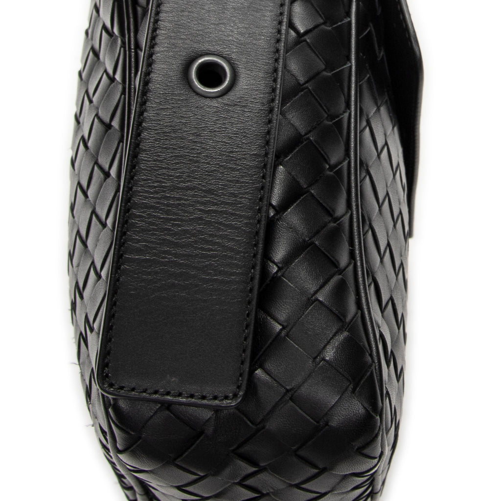 Shoulder Bag Front Pocket Crossbody Black Intrecciato Leather