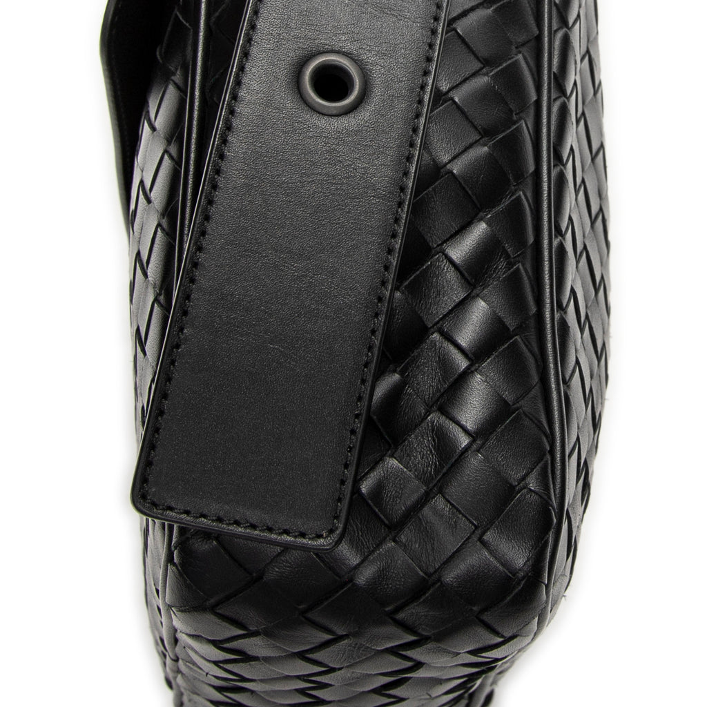Shoulder Bag Front Pocket Crossbody Black Intrecciato Leather