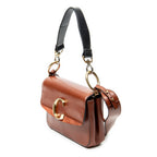 Shoulder Bag Small C Double Carry Brown Calfskin Leather
