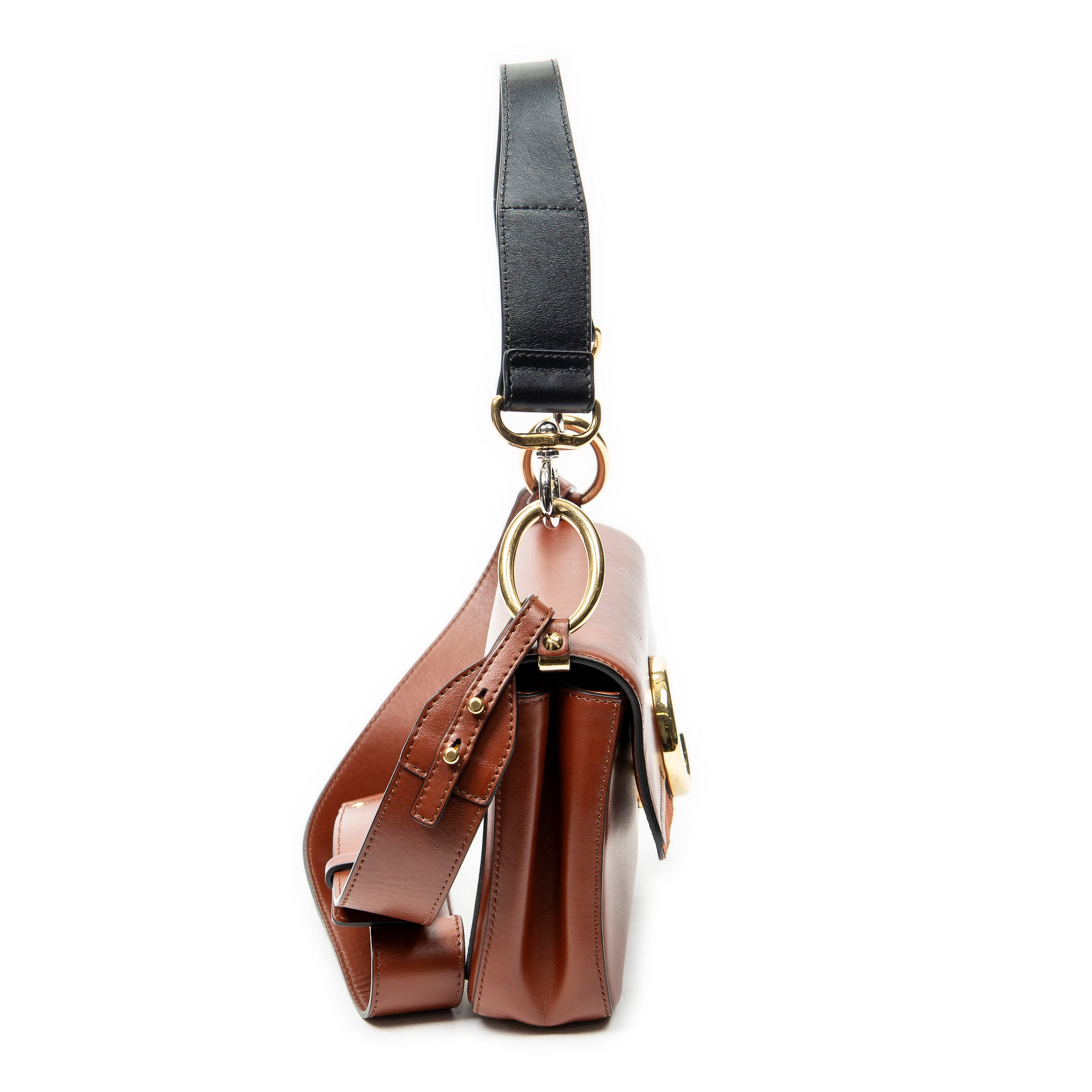 Shoulder Bag Small C Double Carry Brown Calfskin Leather