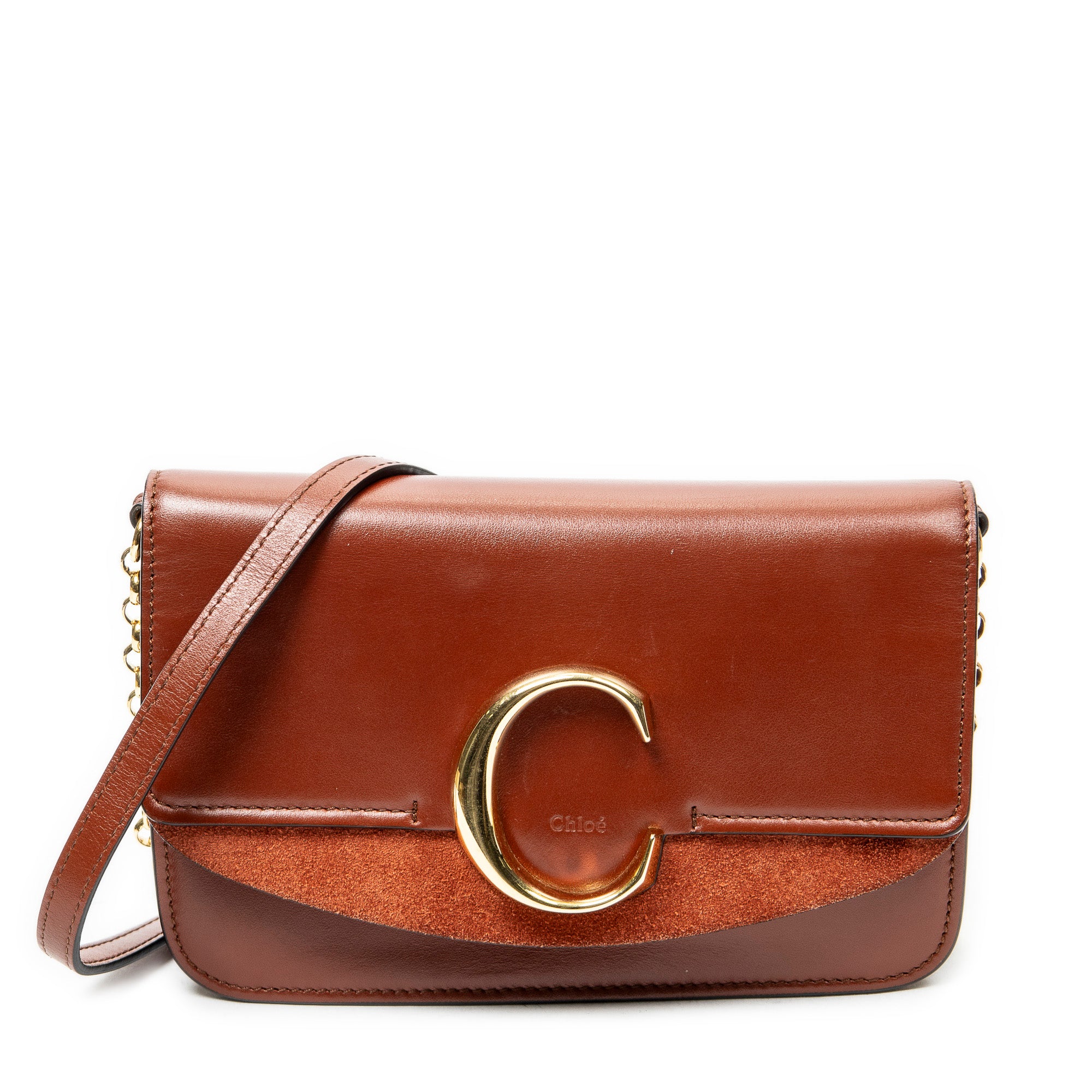 Shoulder Bag C Chain Clutch Brown Calfskin Leather
