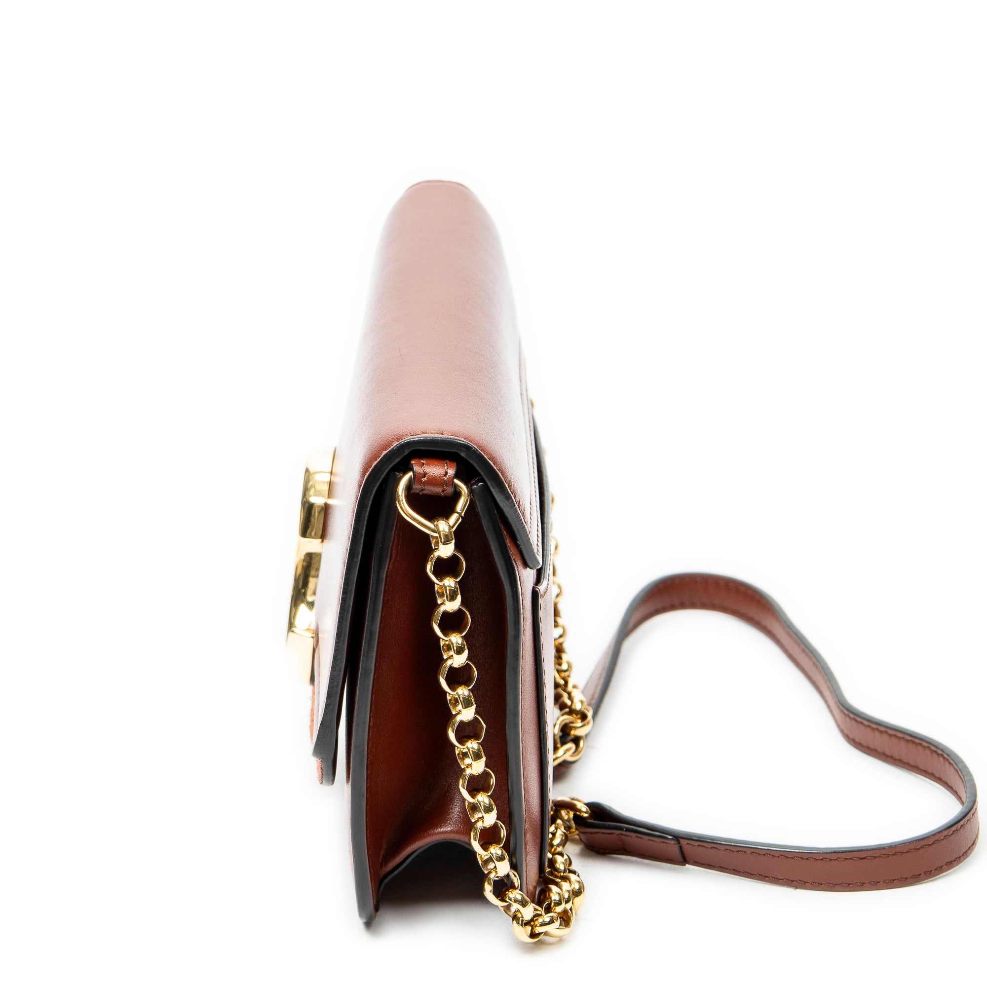 Shoulder Bag C Chain Clutch Brown Calfskin Leather