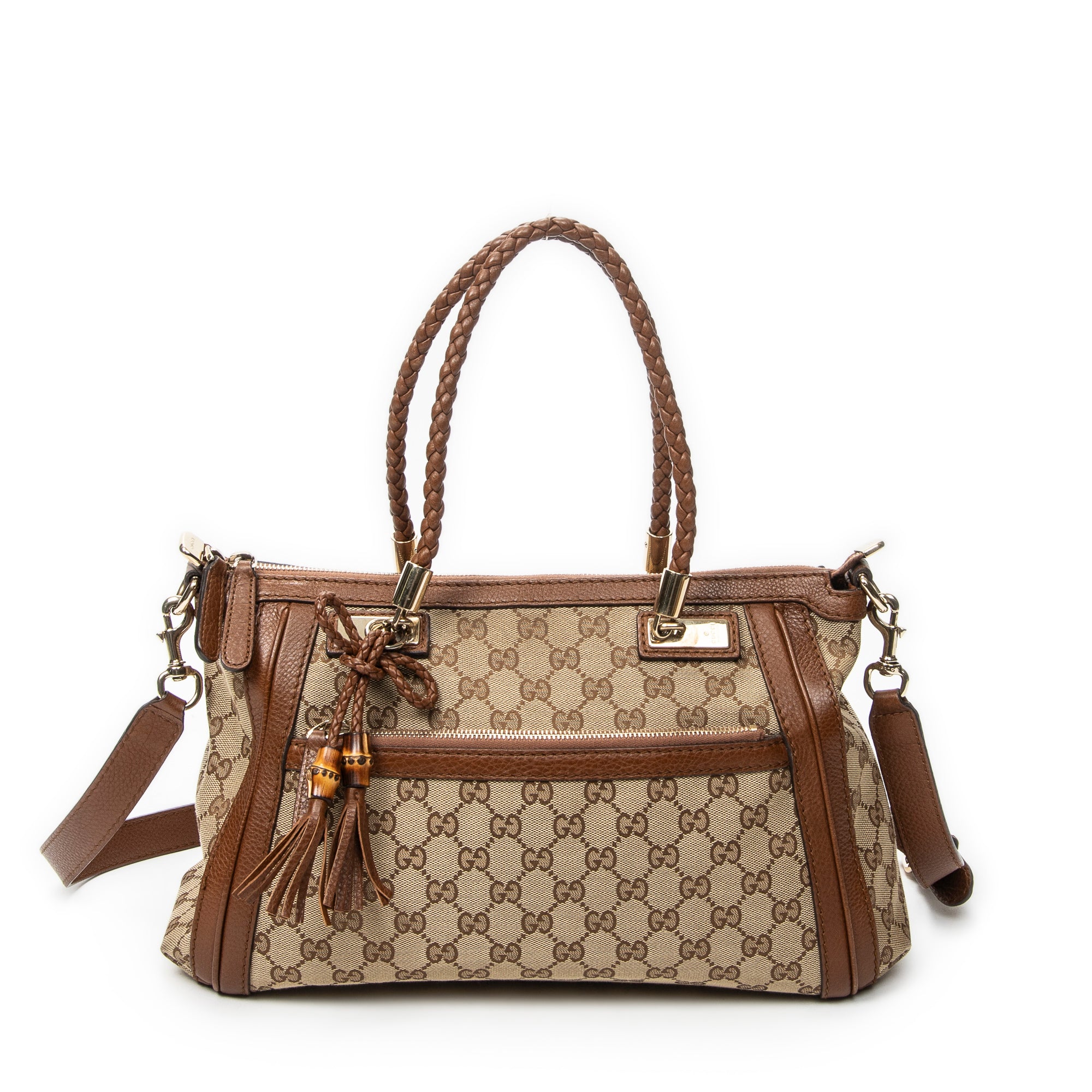 Shoulder Bag Bamboo Tassel Zip Tote Beige Monogrammed Canvas