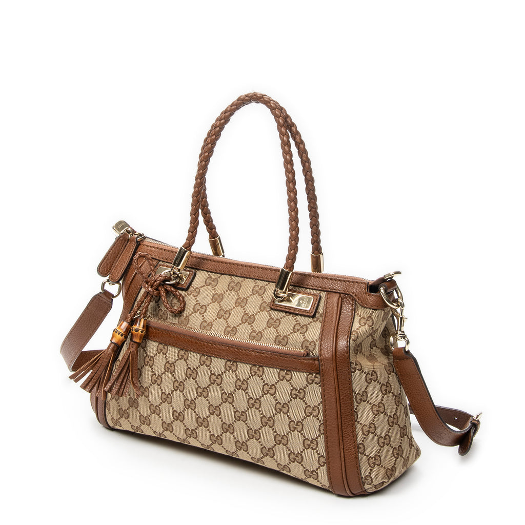 Shoulder Bag Bamboo Tassel Zip Tote Beige Monogrammed Canvas