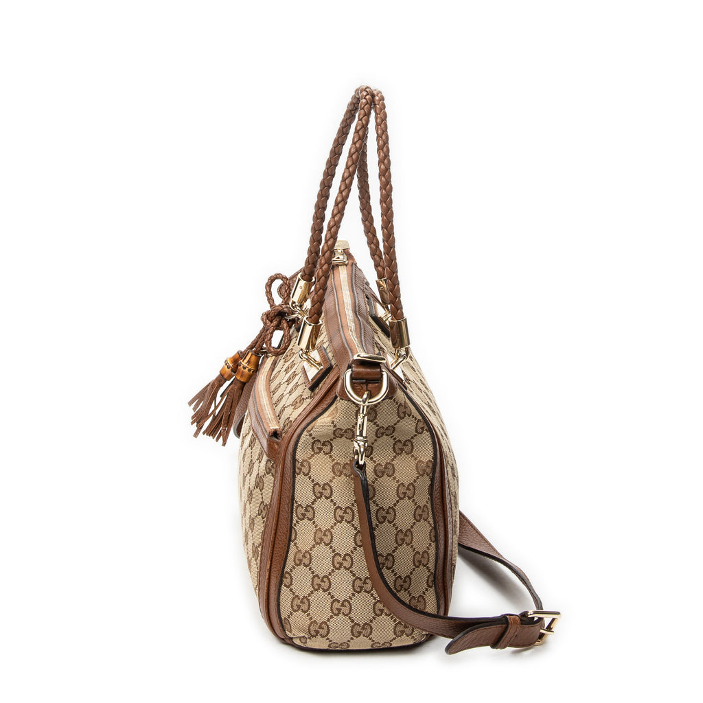 Shoulder Bag Bamboo Tassel Zip Tote Beige Monogrammed Canvas