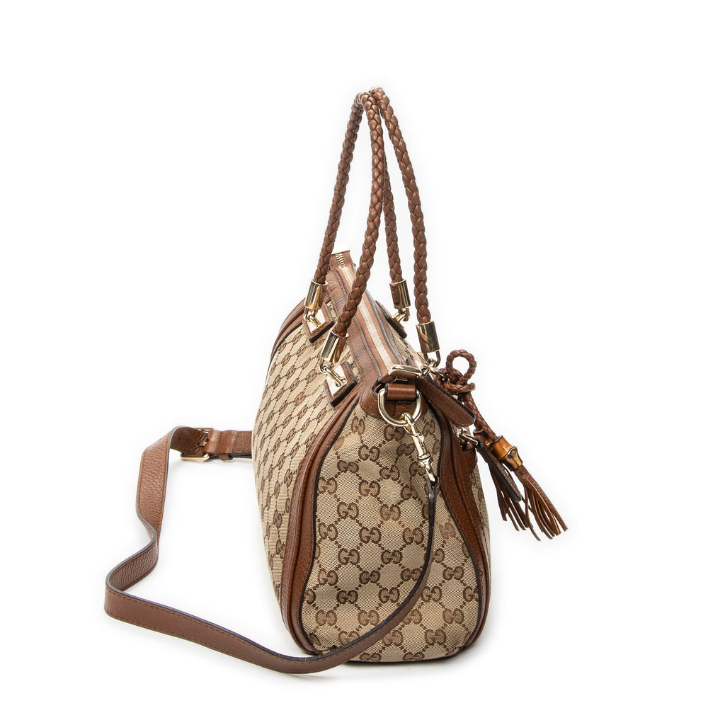 Shoulder Bag Bamboo Tassel Zip Tote Beige Monogrammed Canvas