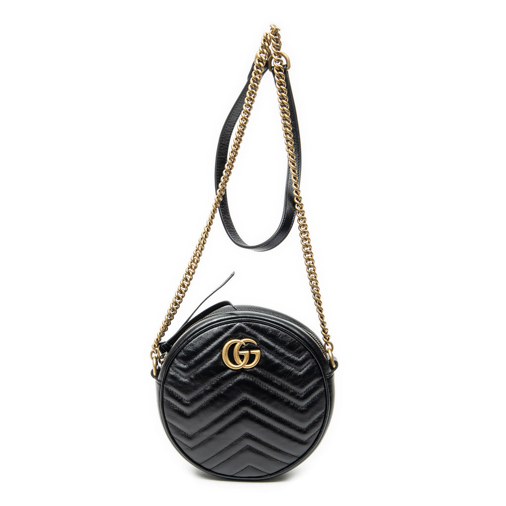 Shoulder Bag GG Marmont Chain Round Crossbody Black Quilted Chevron Leather