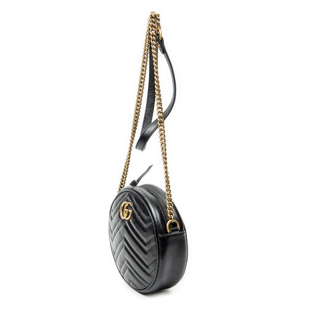 Shoulder Bag GG Marmont Chain Round Crossbody Black Quilted Chevron Leather