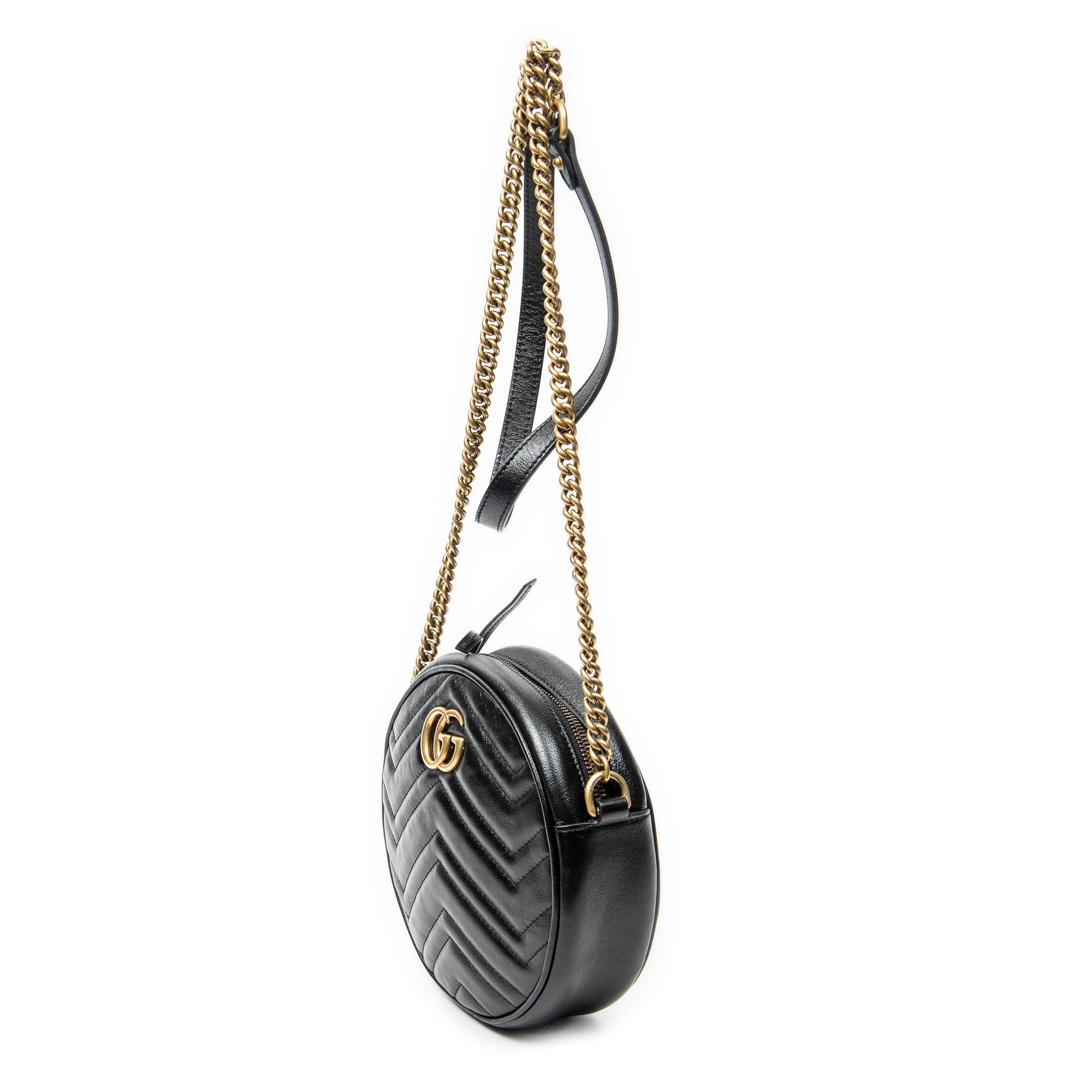 Shoulder Bag GG Marmont Chain Round Crossbody Black Quilted Chevron Leather
