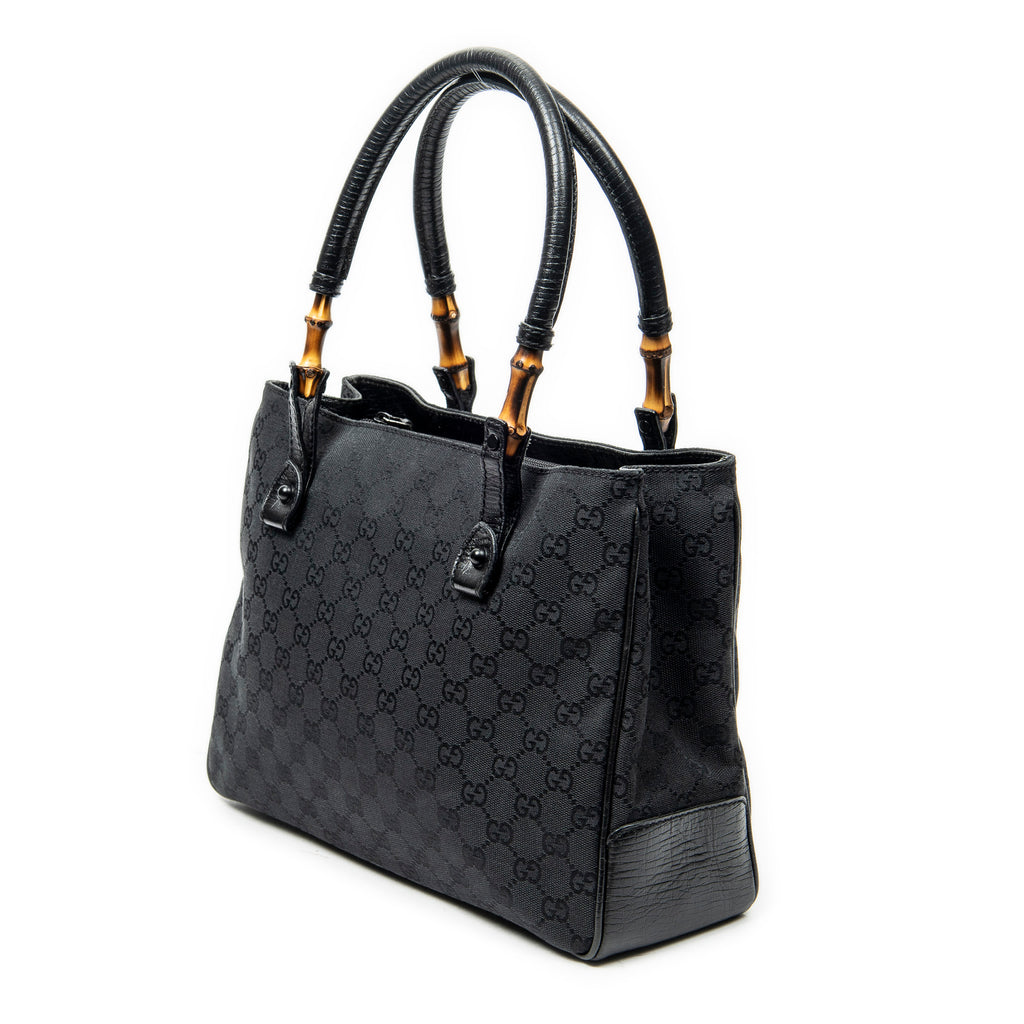 Shoulder Bag Square Bamboo Classic Tote Black Monogrammed Canvas
