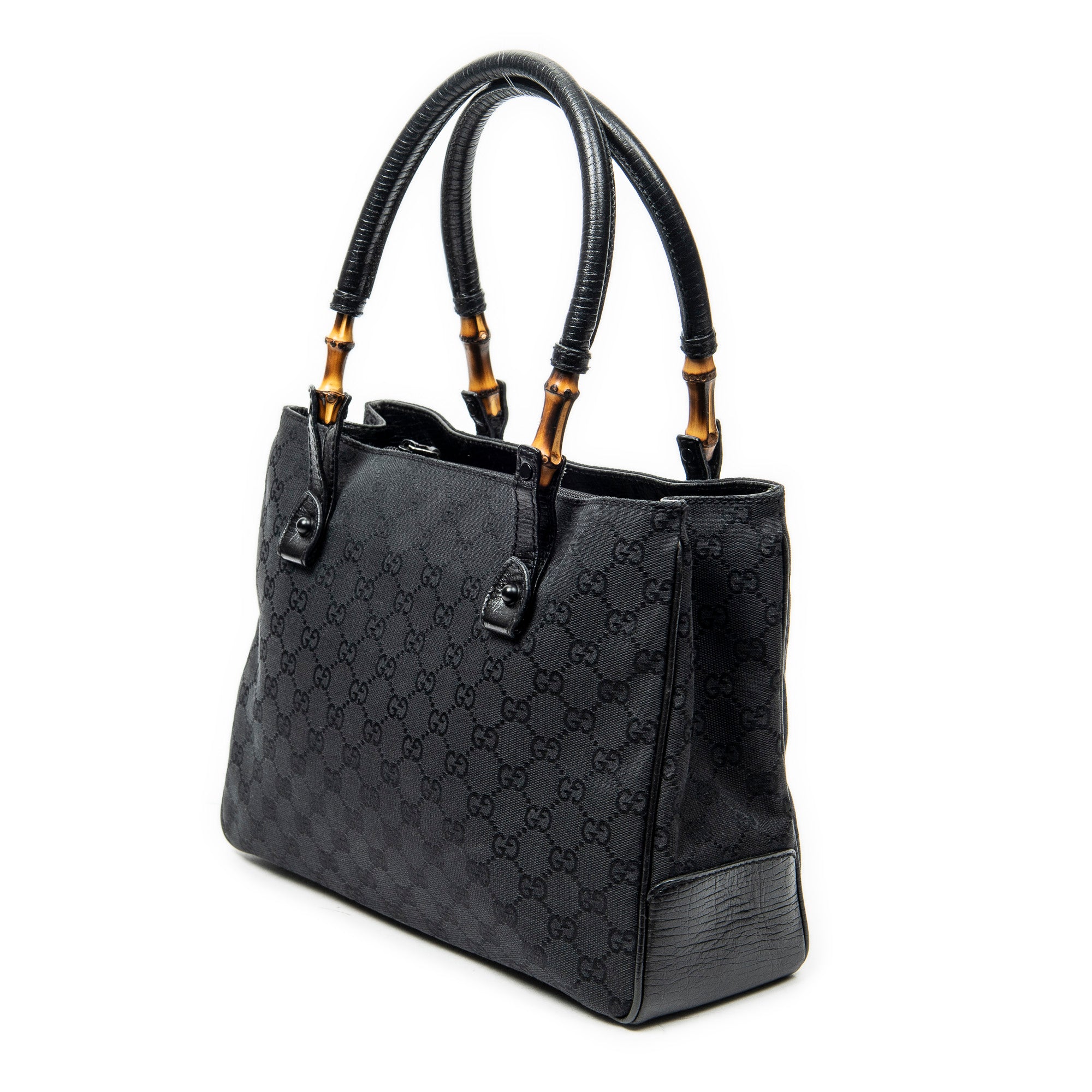 Shoulder Bag Square Bamboo Classic Tote Black Monogrammed Canvas