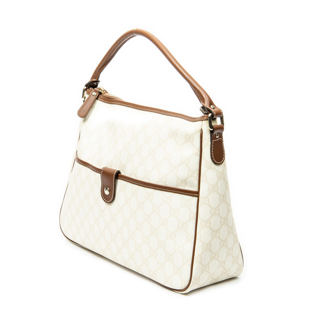 Shoulder Bag Front Pocket Zip Hobo Ivory Supreme Coated Canvas
