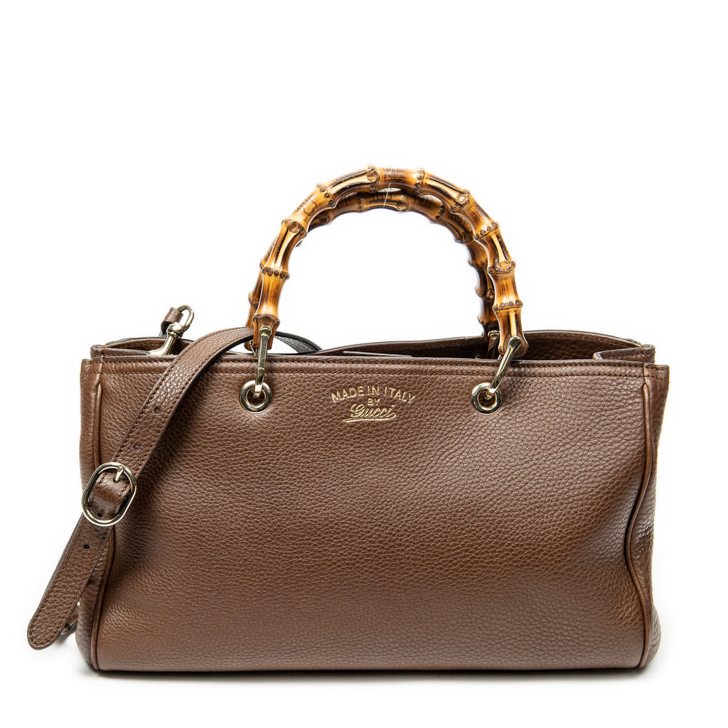 Shoulder Bag Bamboo Shopper Tote Brown Grained Calfskin Leather