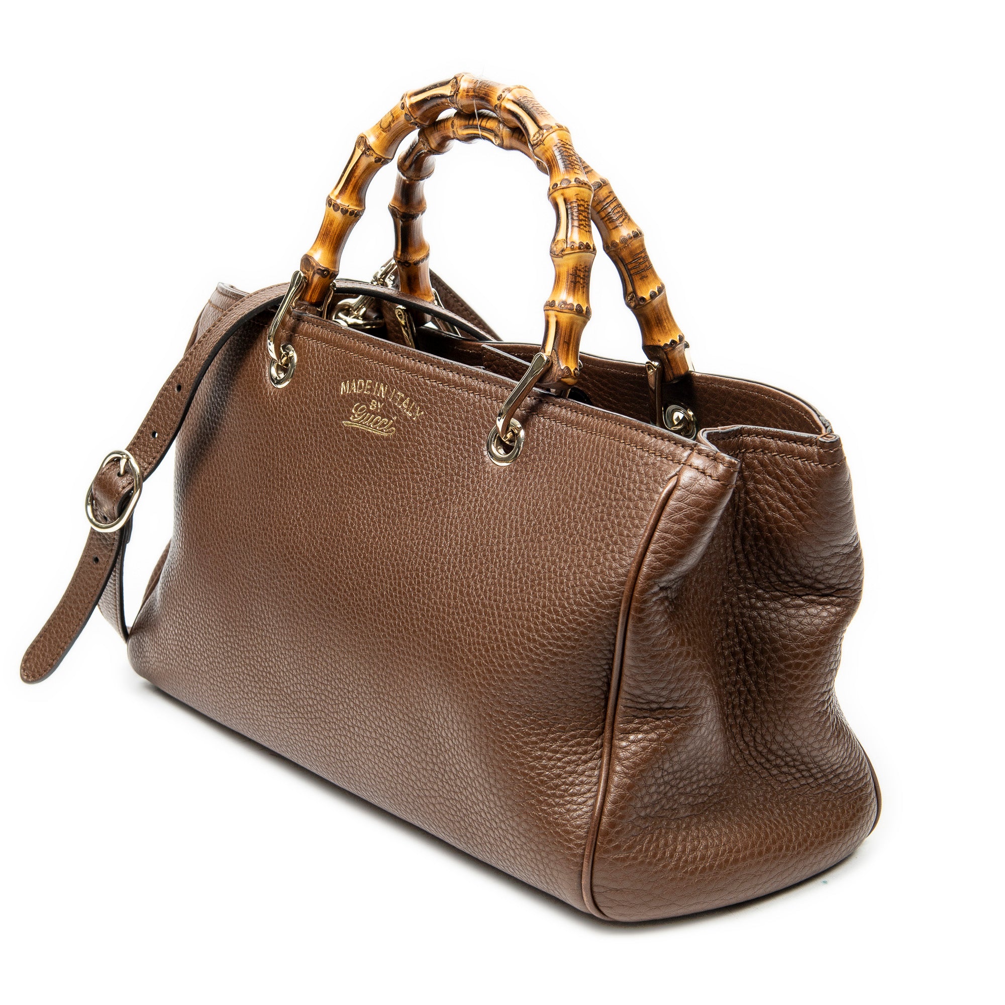 Shoulder Bag Bamboo Shopper Tote Brown Grained Calfskin Leather