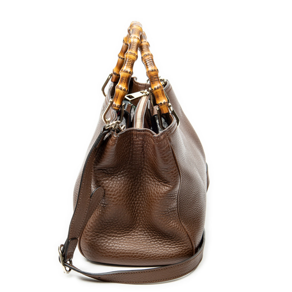 Shoulder Bag Bamboo Shopper Tote Brown Grained Calfskin Leather