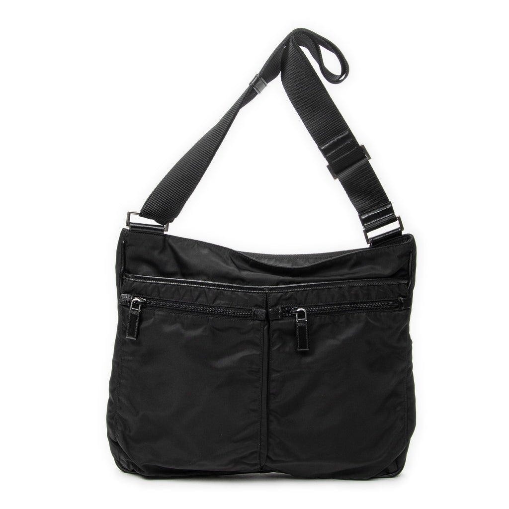 Shoulder Bag Front Pocket Messenger Black Nylon Canvas