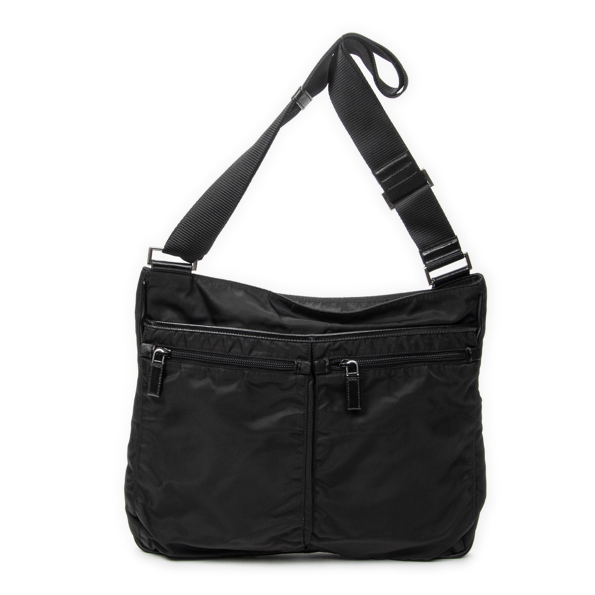 Shoulder Bag Front Pocket Messenger Black Nylon Canvas