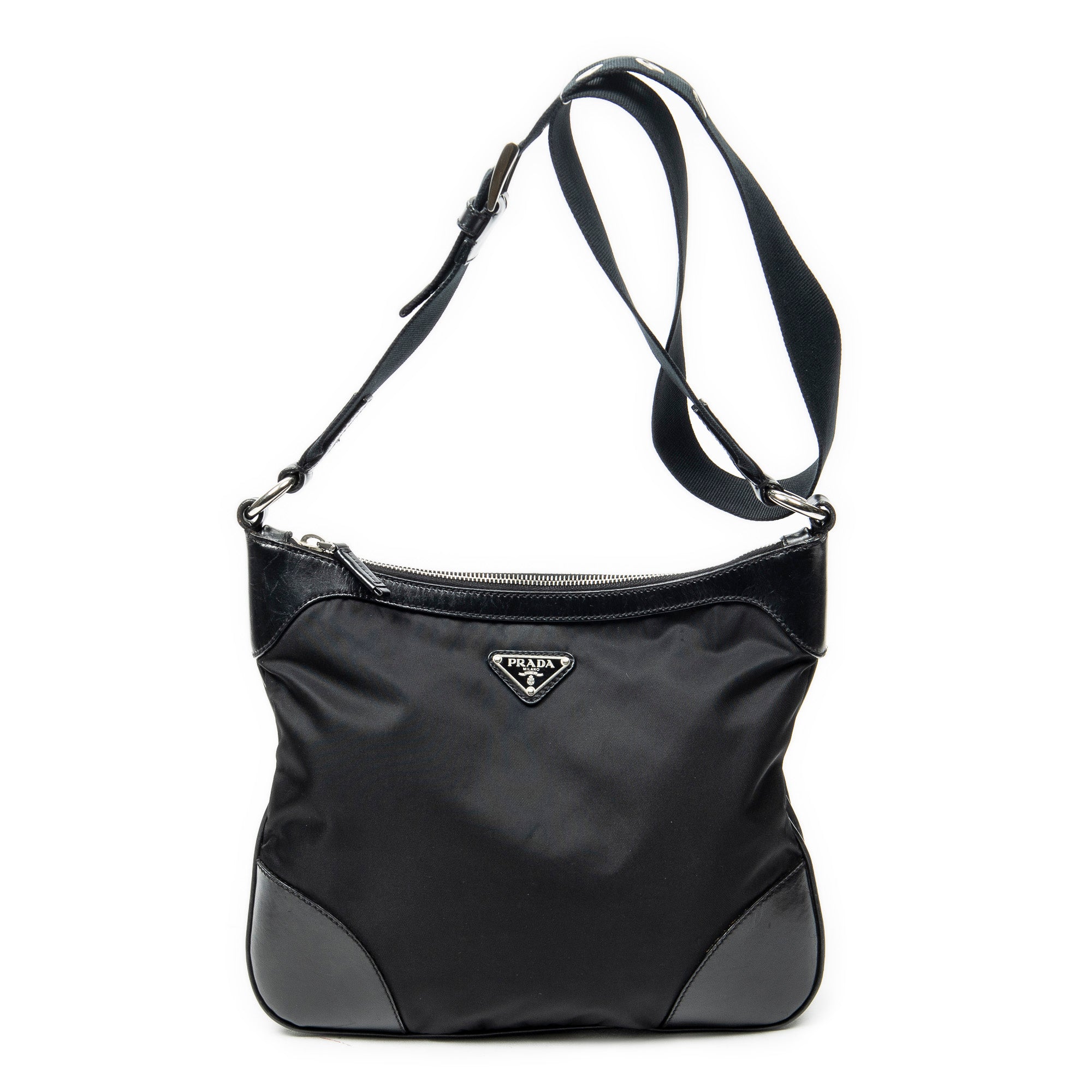 Shoulder Bag Zip Messenger Black Nylon Canvas