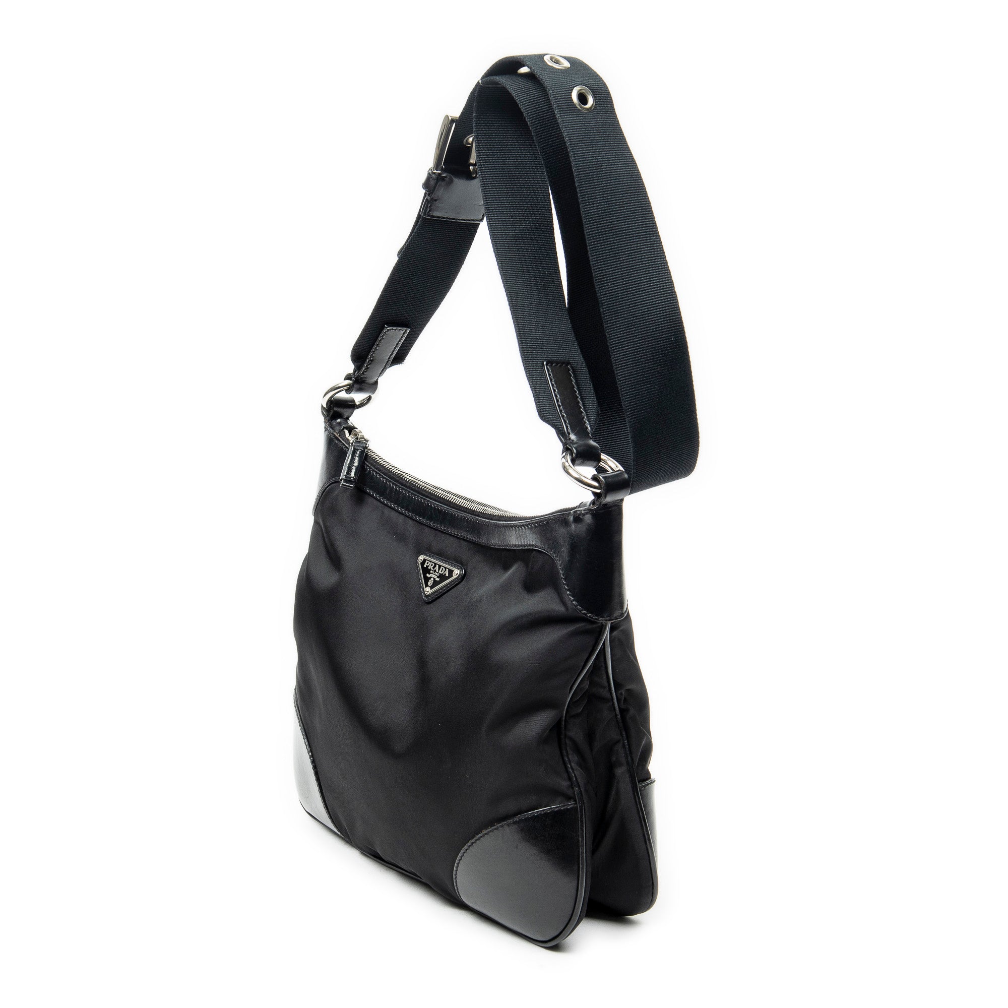 Shoulder Bag Zip Messenger Black Nylon Canvas