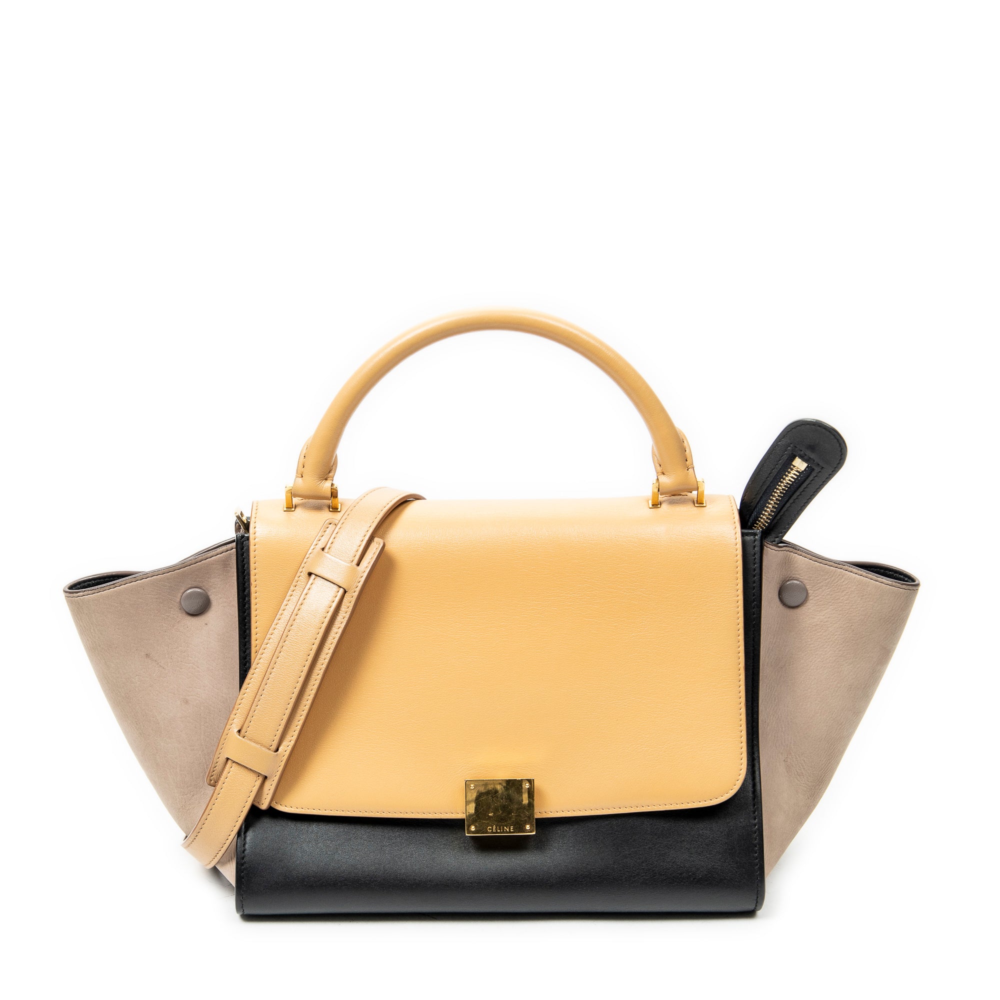 Shoulder Bag Small Tricolor Trapeze Black Calfskin Leather