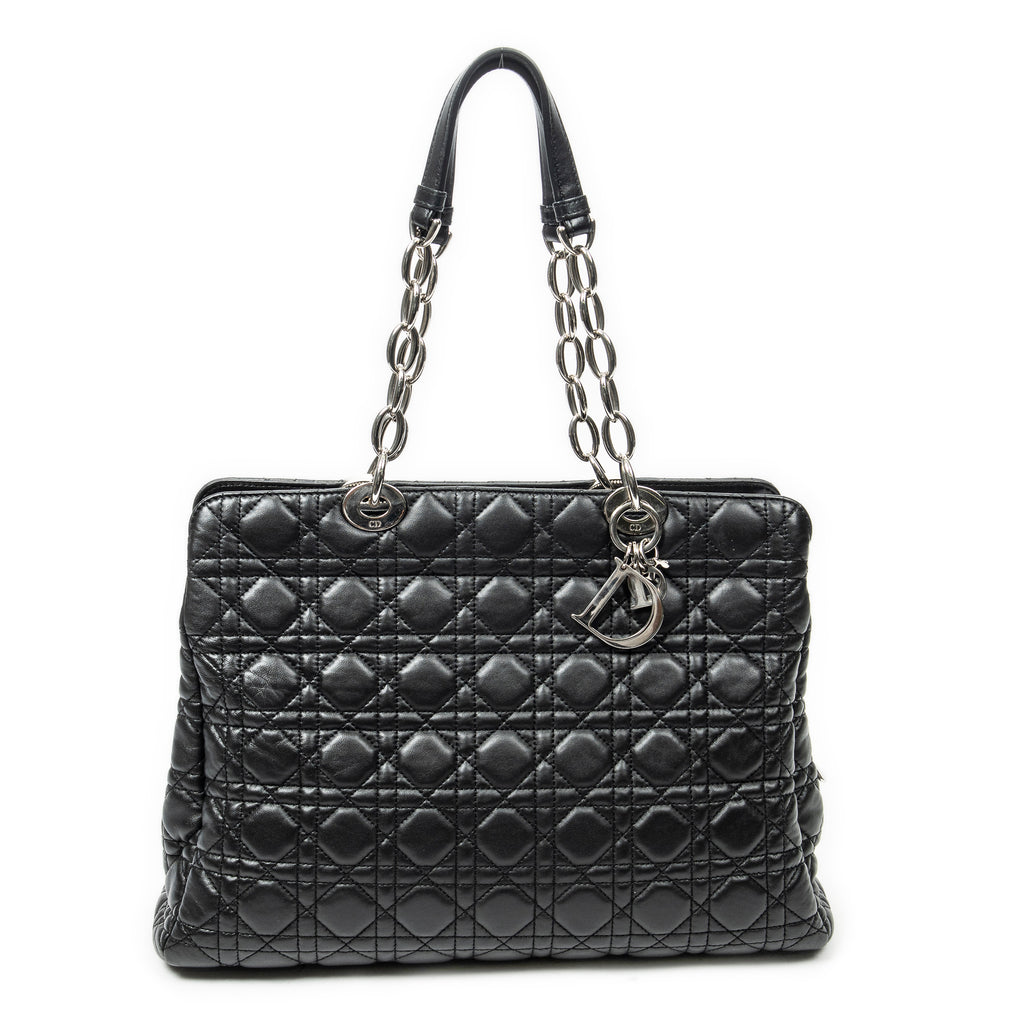 Shoulder Bag Soft Zip Shopping Tote Black Cannage Lambskin Leather