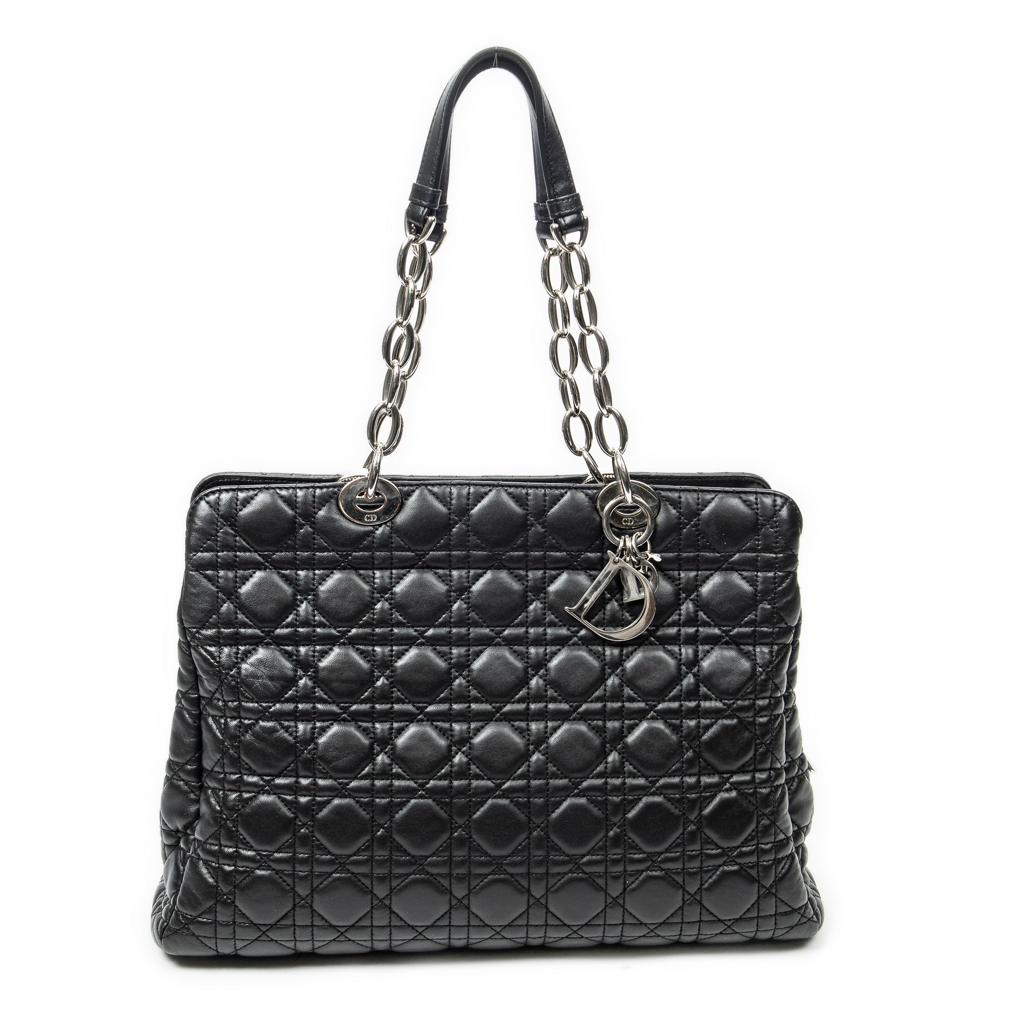Shoulder Bag Soft Zip Shopping Tote Black Cannage Lambskin Leather