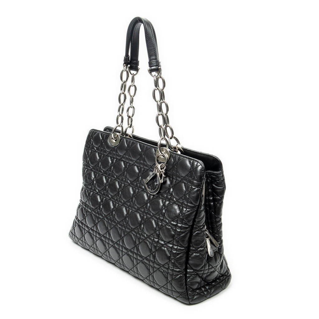 Shoulder Bag Soft Zip Shopping Tote Black Cannage Lambskin Leather