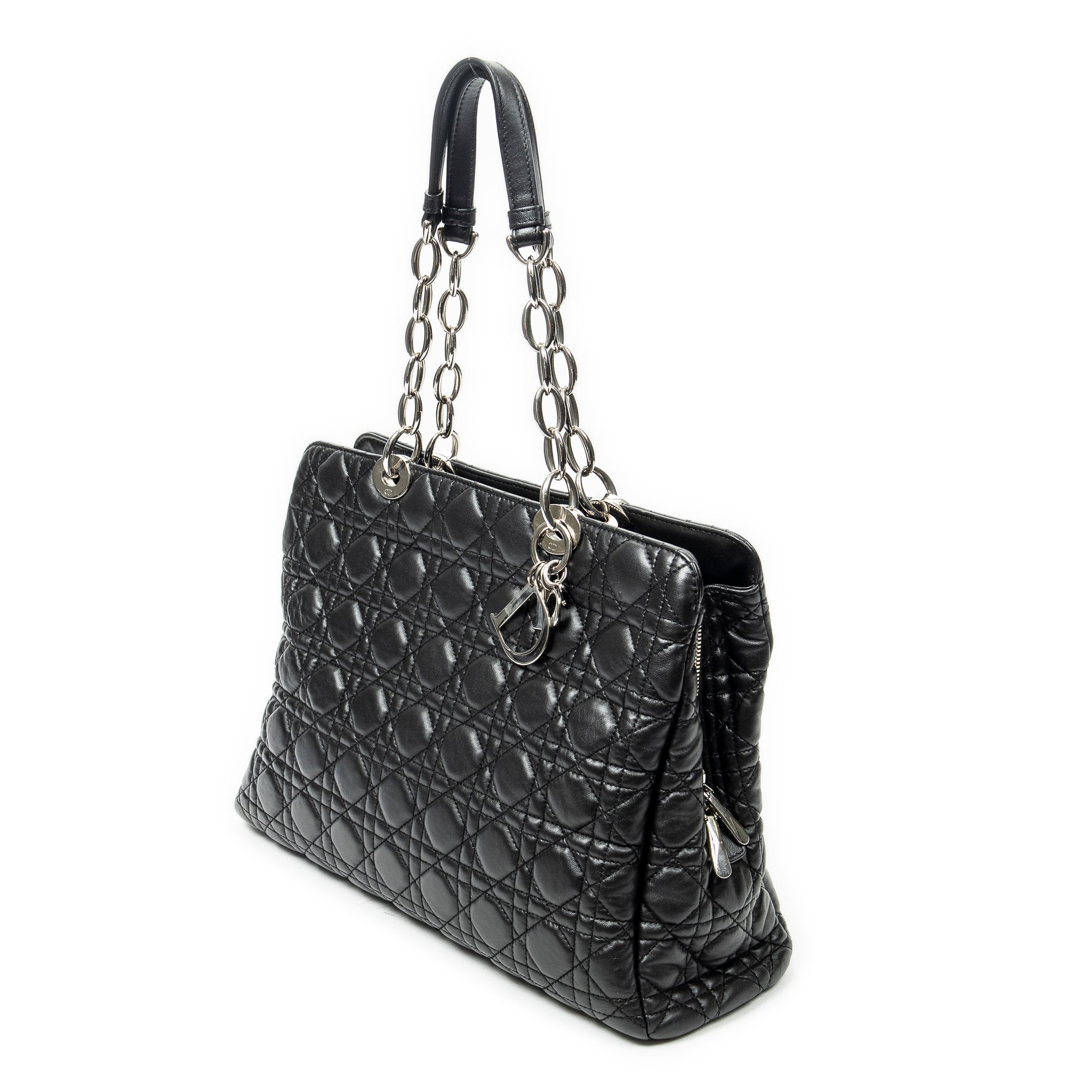 Shoulder Bag Soft Zip Shopping Tote Black Cannage Lambskin Leather