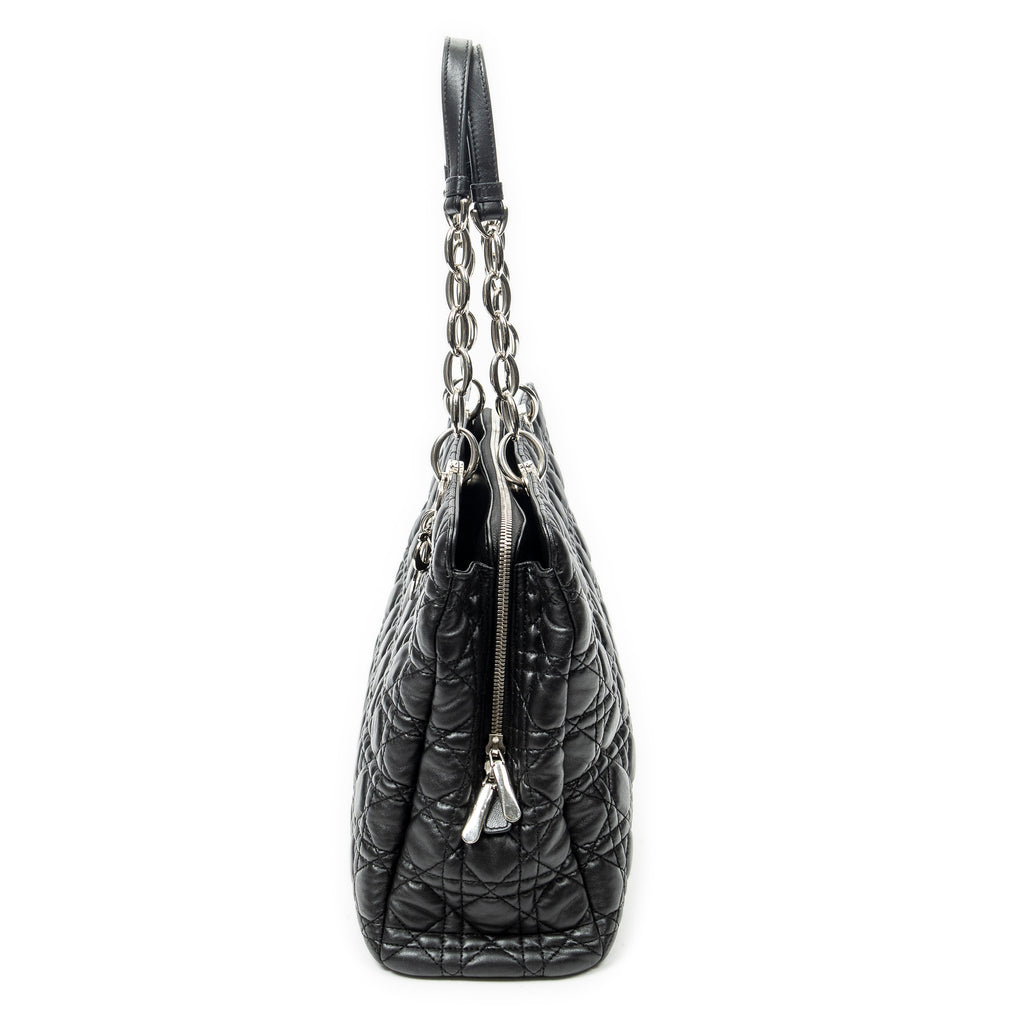 Shoulder Bag Soft Zip Shopping Tote Black Cannage Lambskin Leather