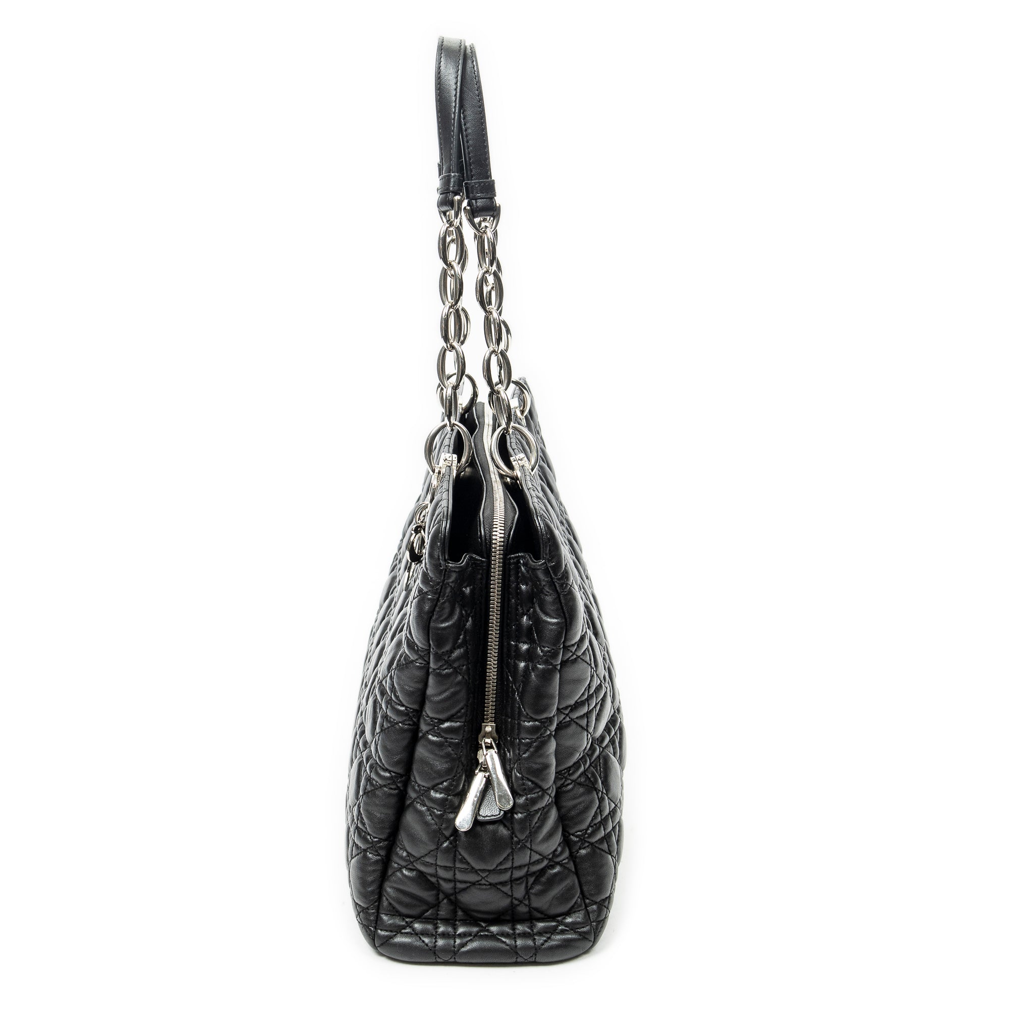 Shoulder Bag Soft Zip Shopping Tote Black Cannage Lambskin Leather
