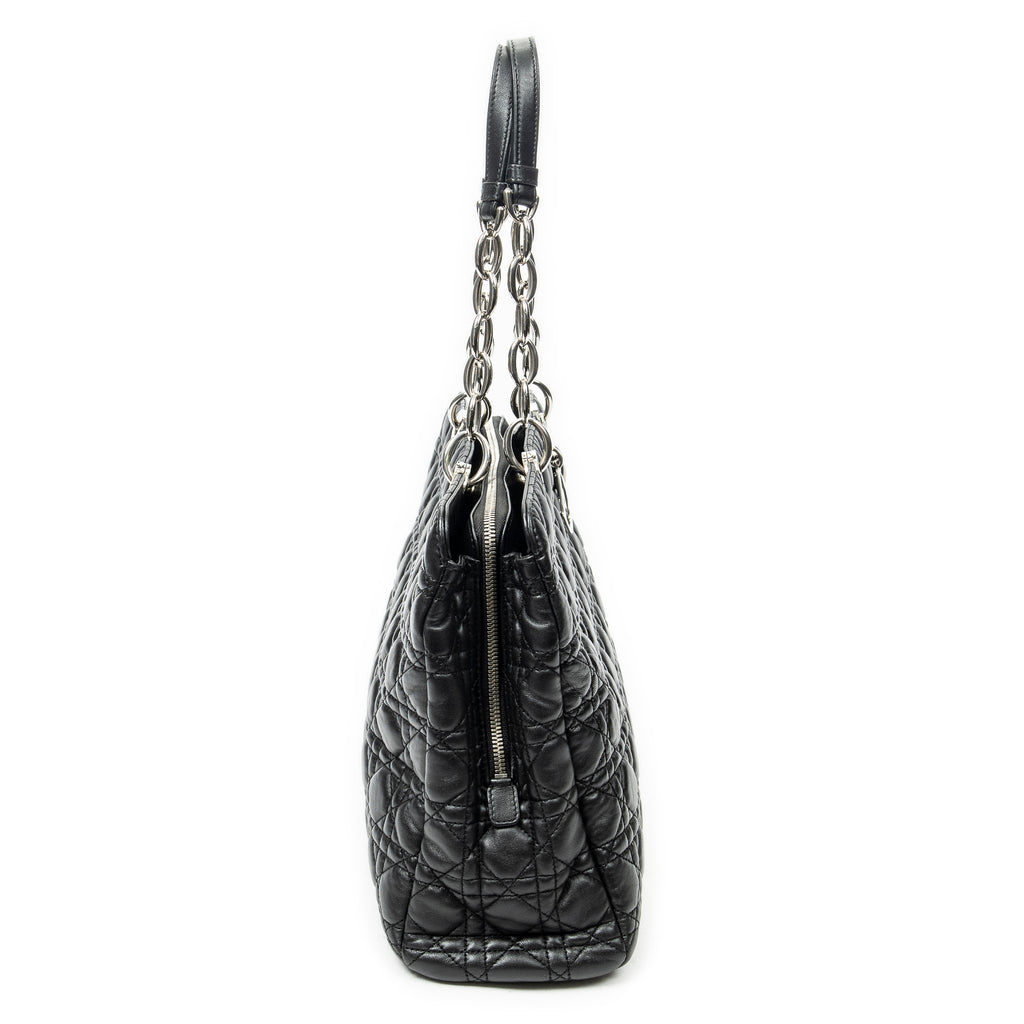 Shoulder Bag Soft Zip Shopping Tote Black Cannage Lambskin Leather