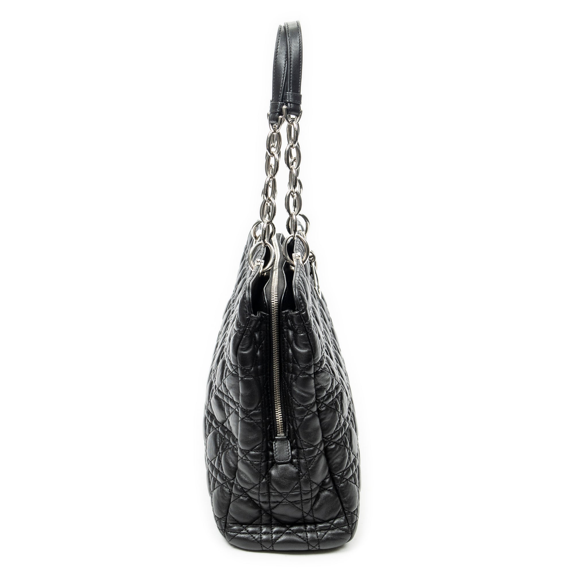 Shoulder Bag Soft Zip Shopping Tote Black Cannage Lambskin Leather