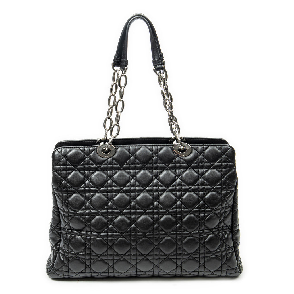 Shoulder Bag Soft Zip Shopping Tote Black Cannage Lambskin Leather