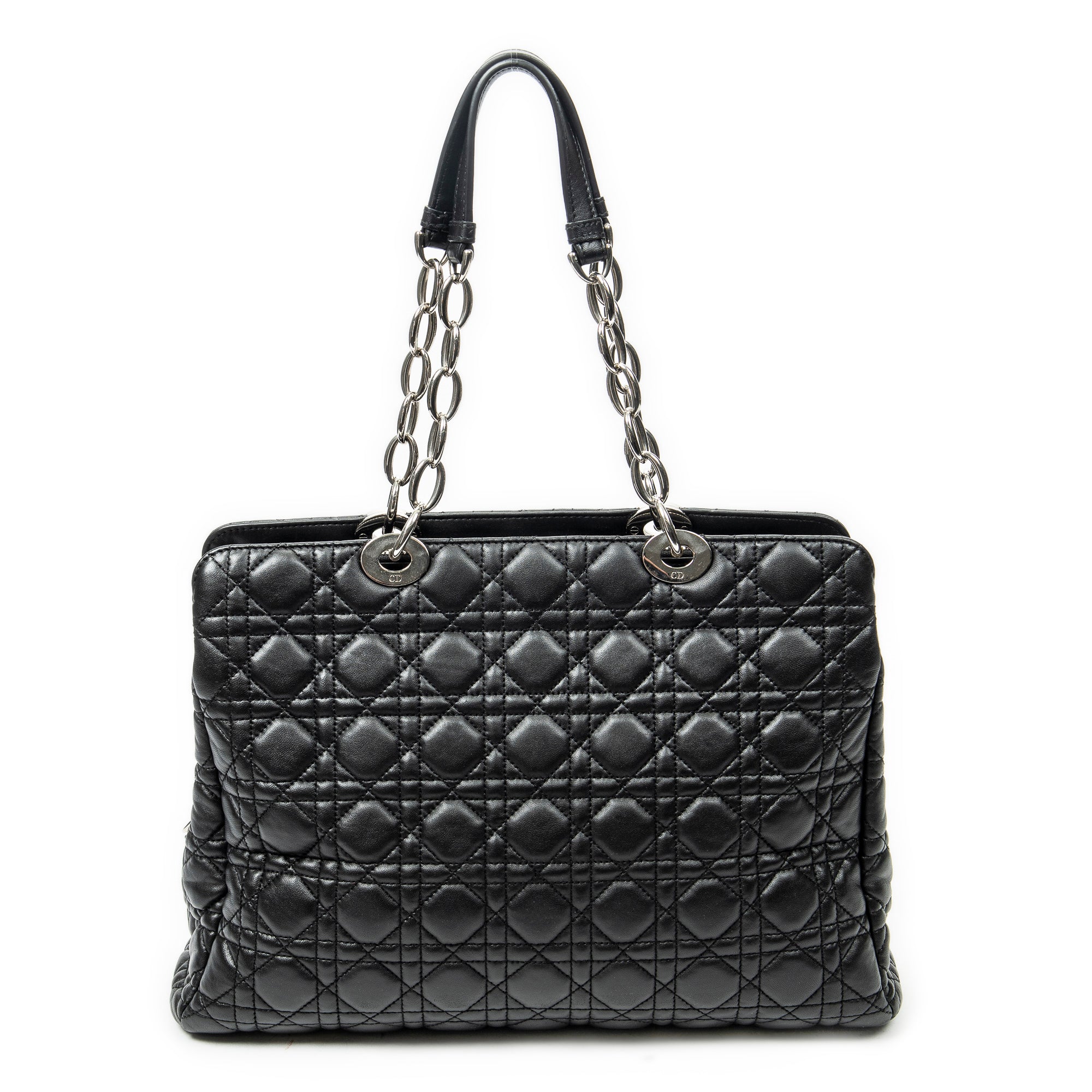 Shoulder Bag Soft Zip Shopping Tote Black Cannage Lambskin Leather
