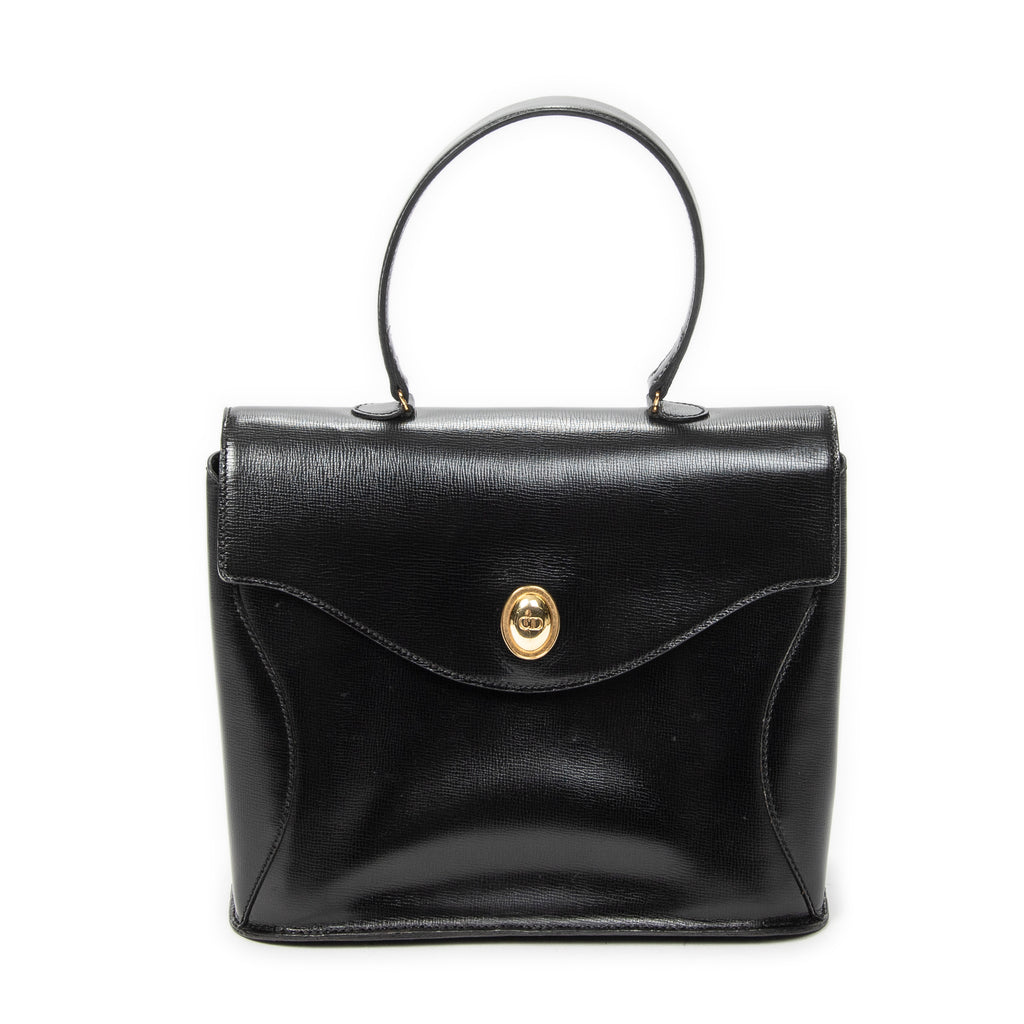 Shoulder Bag Vintage CD Flap Top Handle Black Grained Calfskin Leather