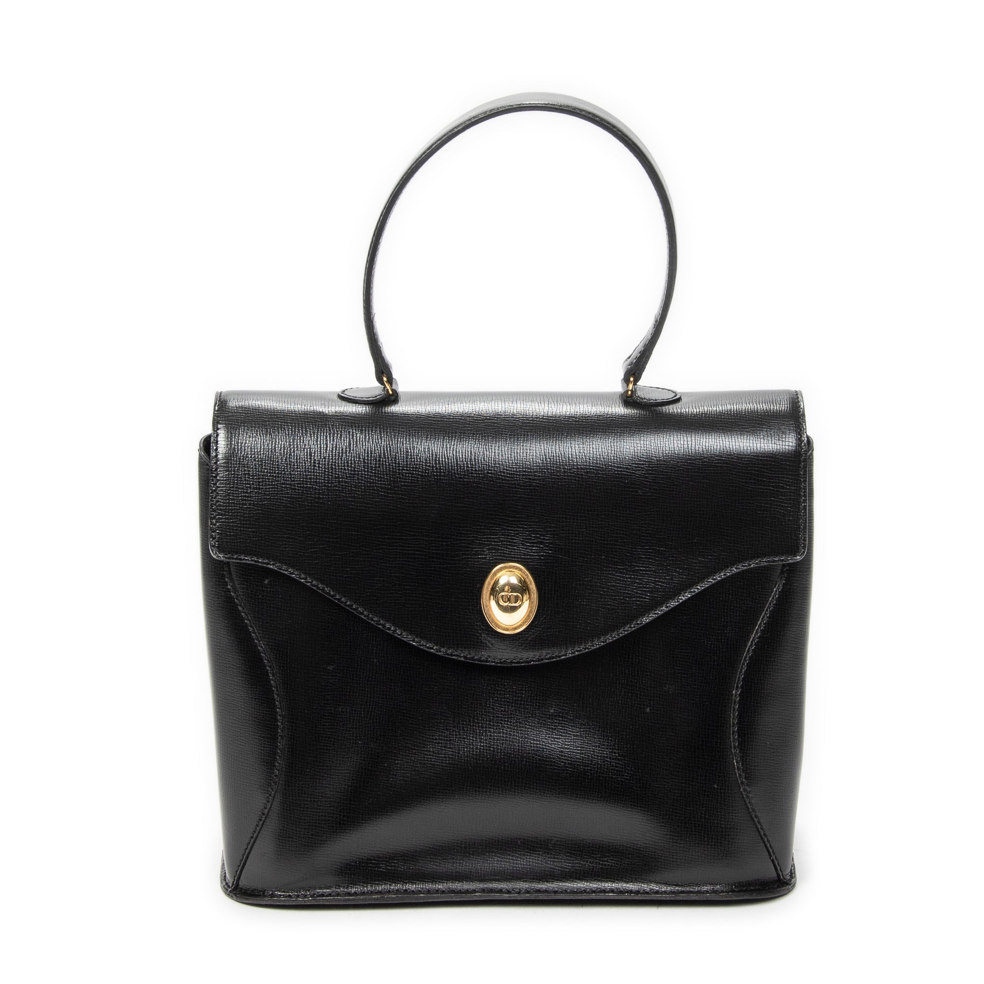 Shoulder Bag Vintage CD Flap Top Handle Black Grained Calfskin Leather