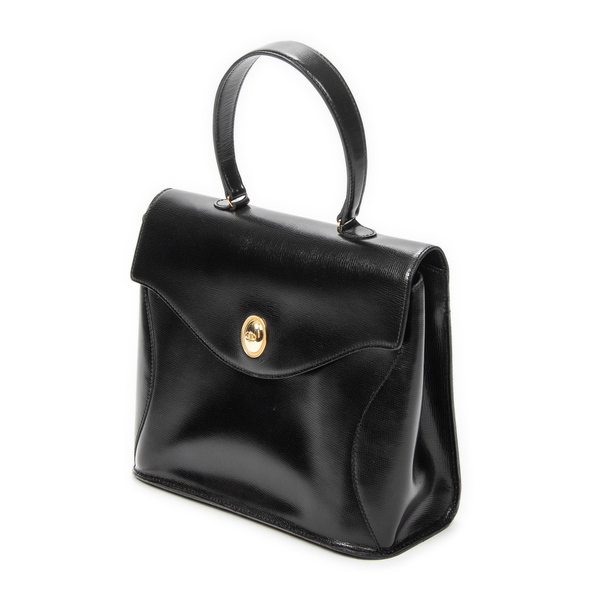 Shoulder Bag Vintage CD Flap Top Handle Black Grained Calfskin Leather