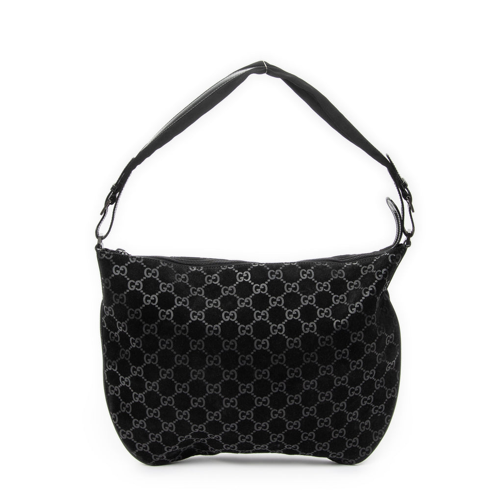Shoulder Bag Halfmoon Hobo Black Monogrammed Suede Leather