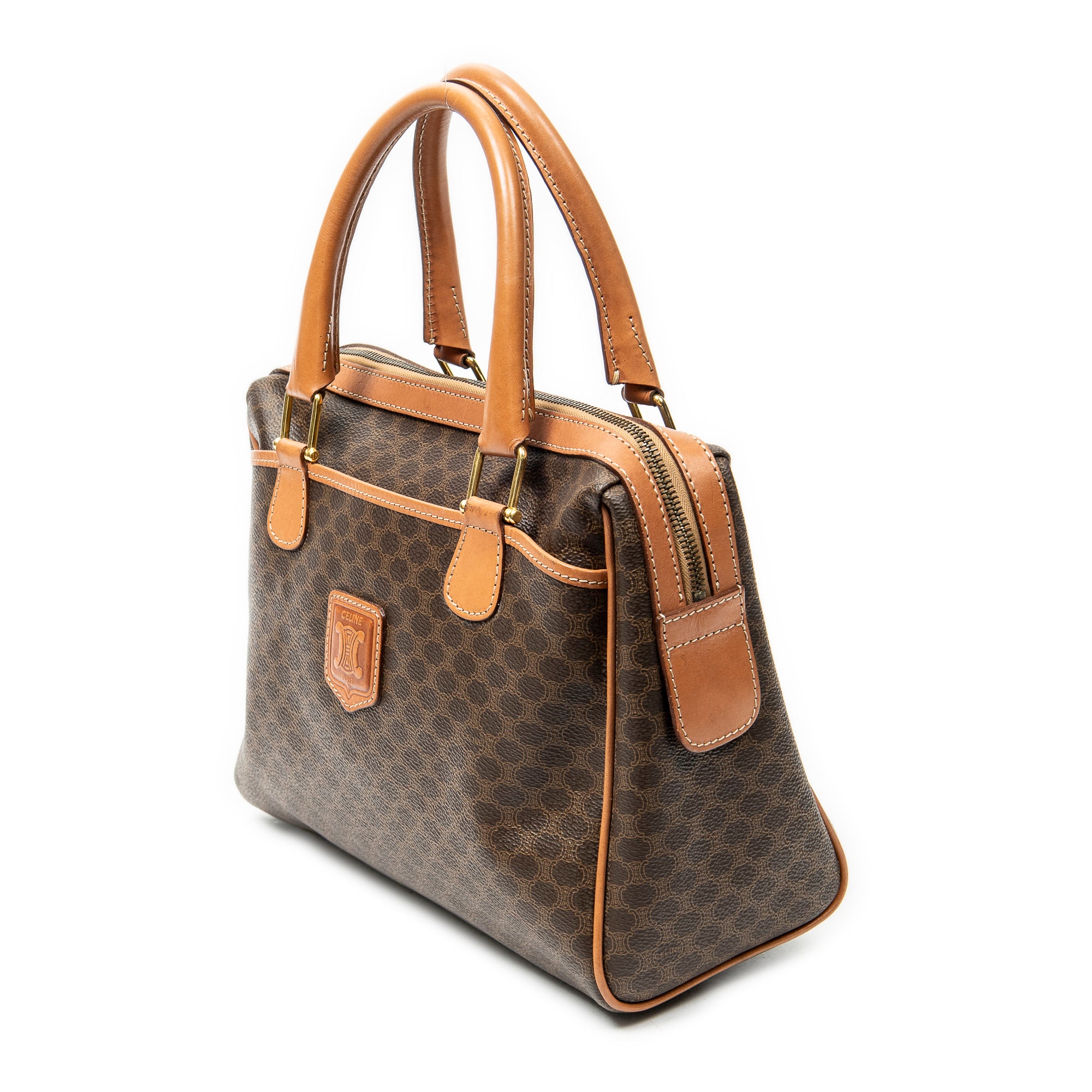 Handbag Vintage Small Slip Pocket Boston Brown Macadam Coated Canvas