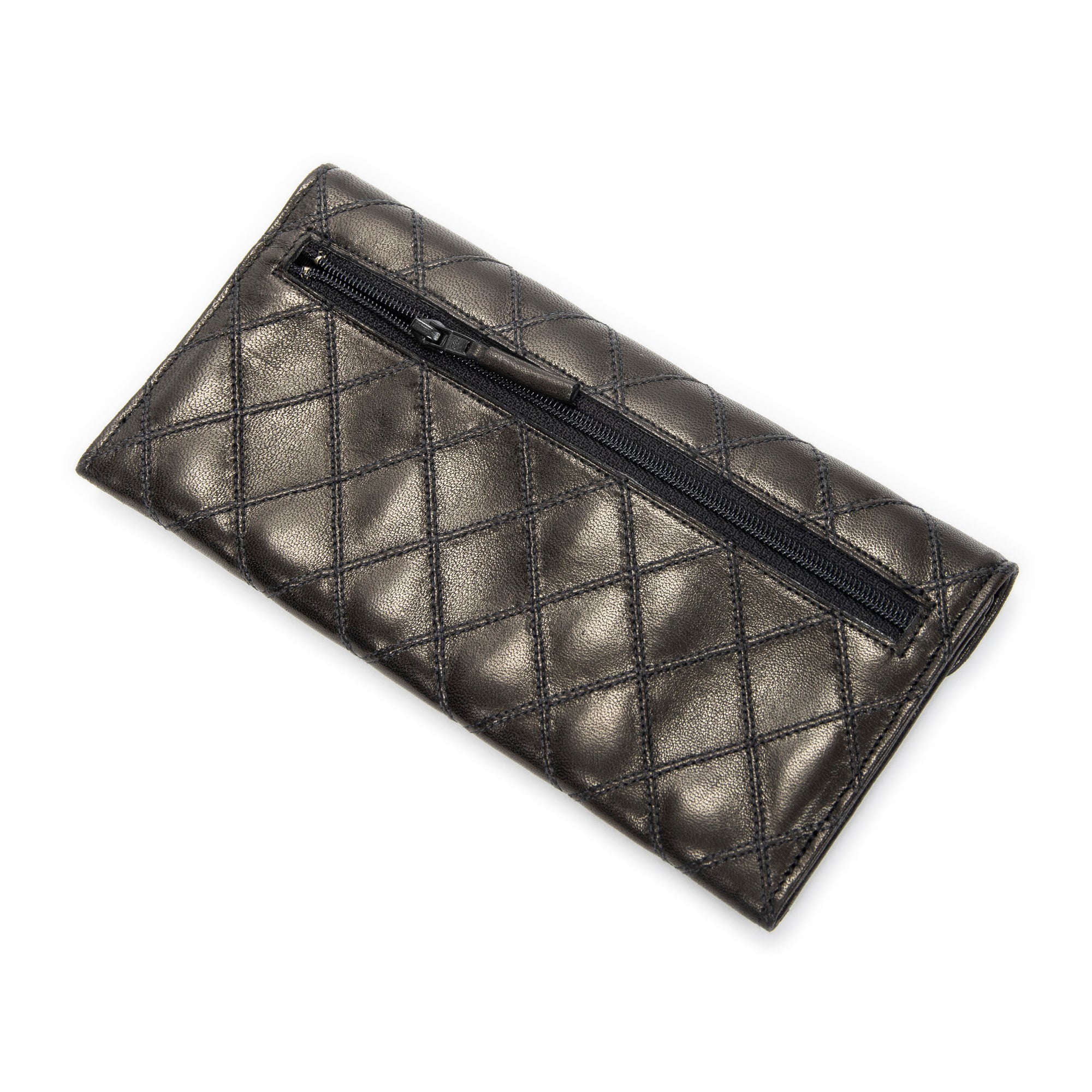 Wallet Envelope Long Wallet Black Double Quilted Stitch Leather