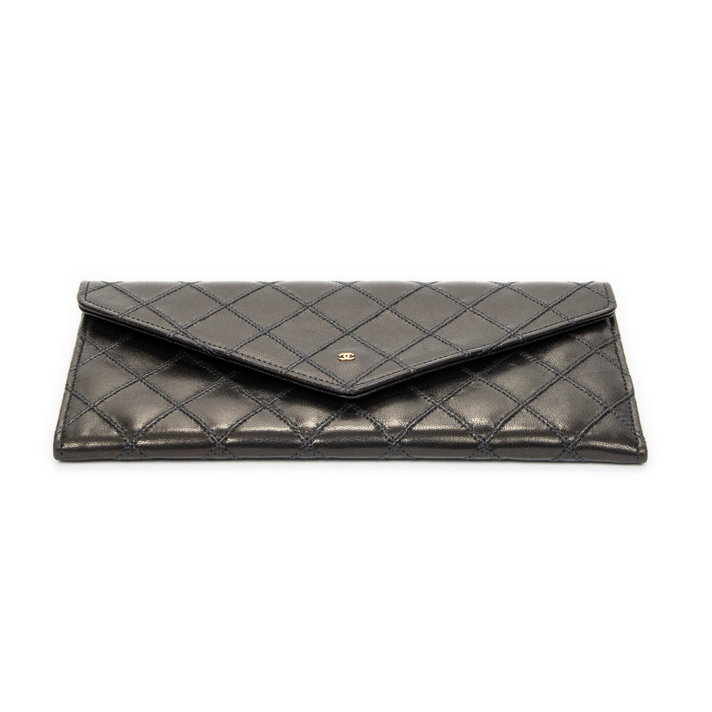 Wallet Envelope Long Wallet Black Double Quilted Stitch Leather
