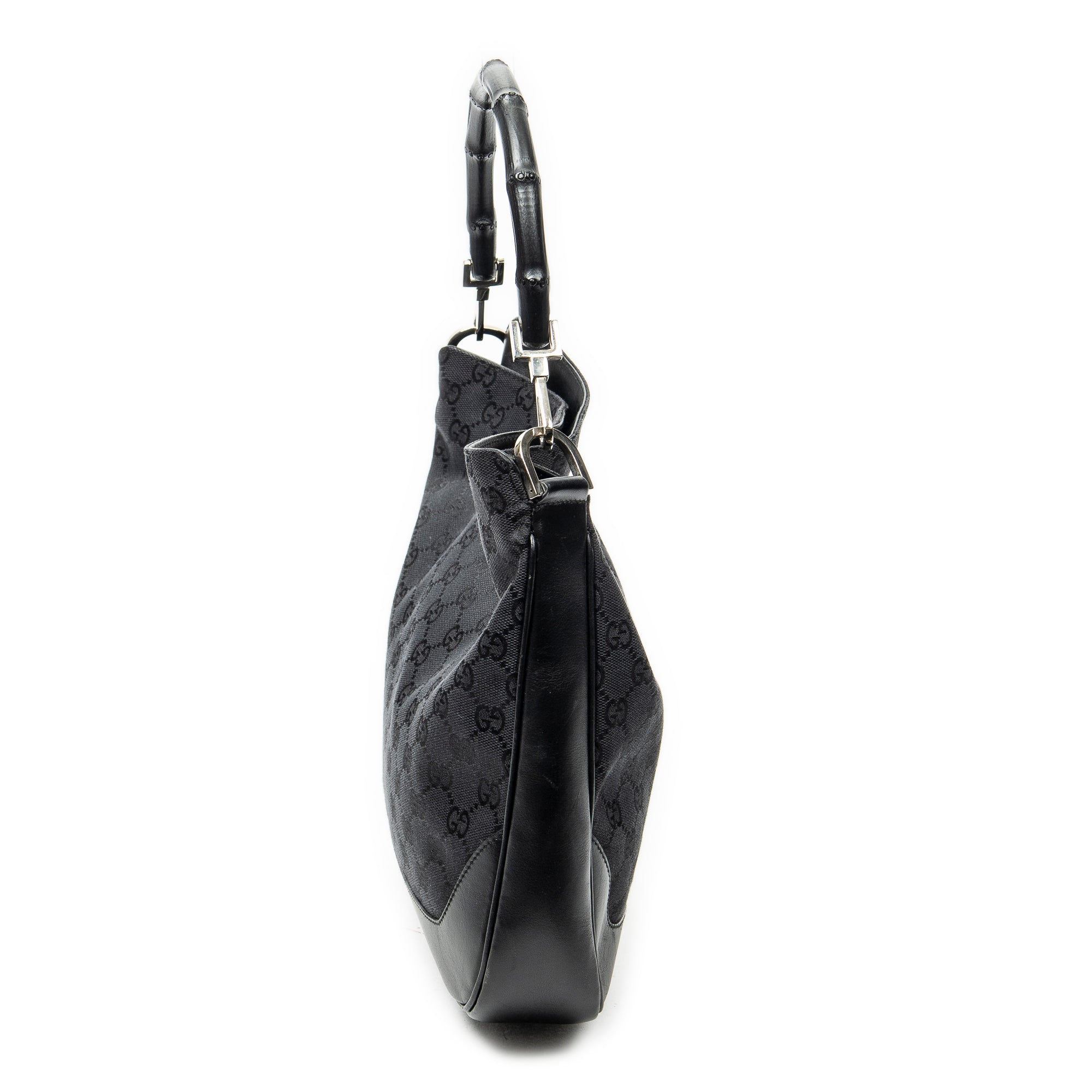 Sac bandoulière cabas en toile monogrammée noire avec anse en bambou