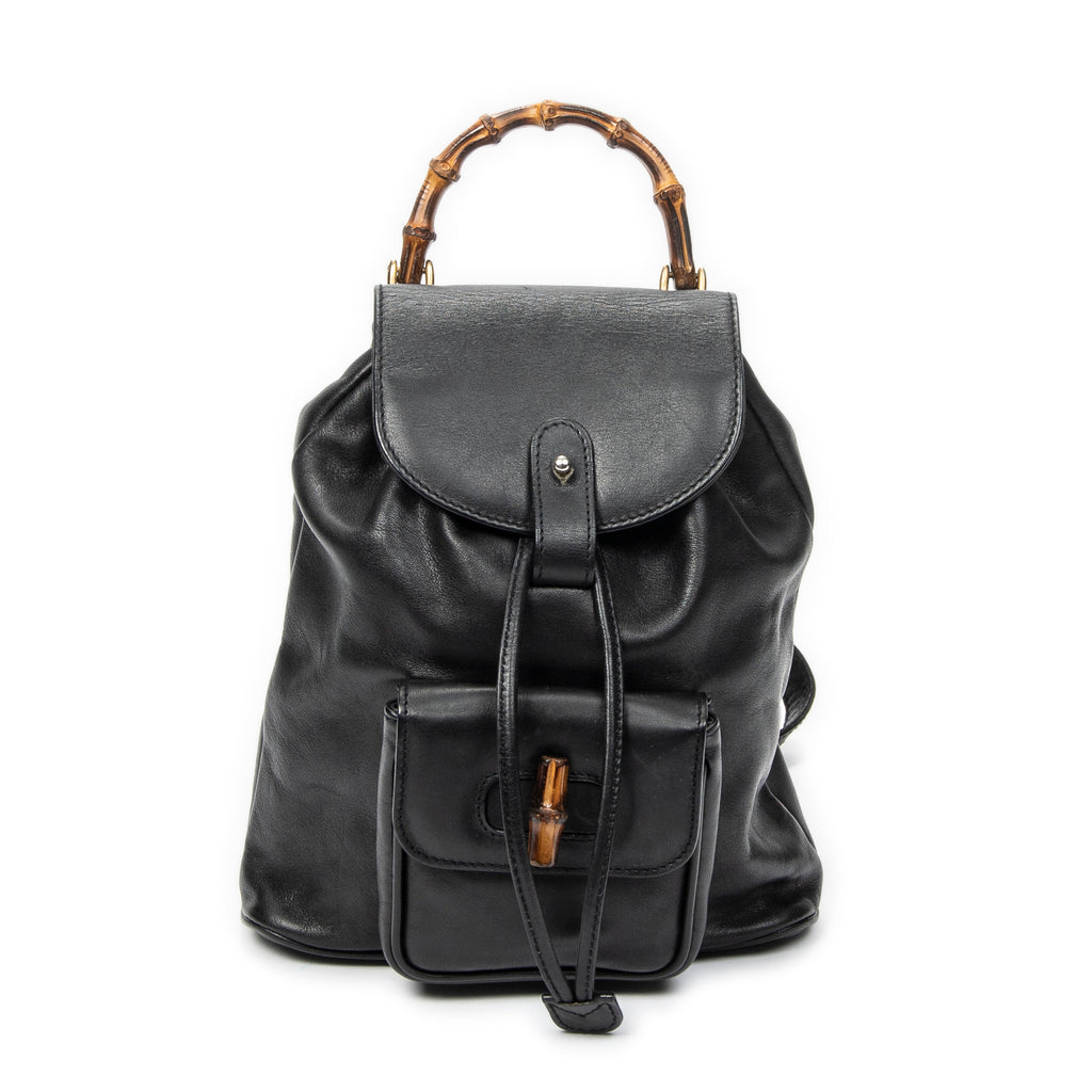 Shoulder Bag Mini Bamboo Backpack Black Calfskin Leather