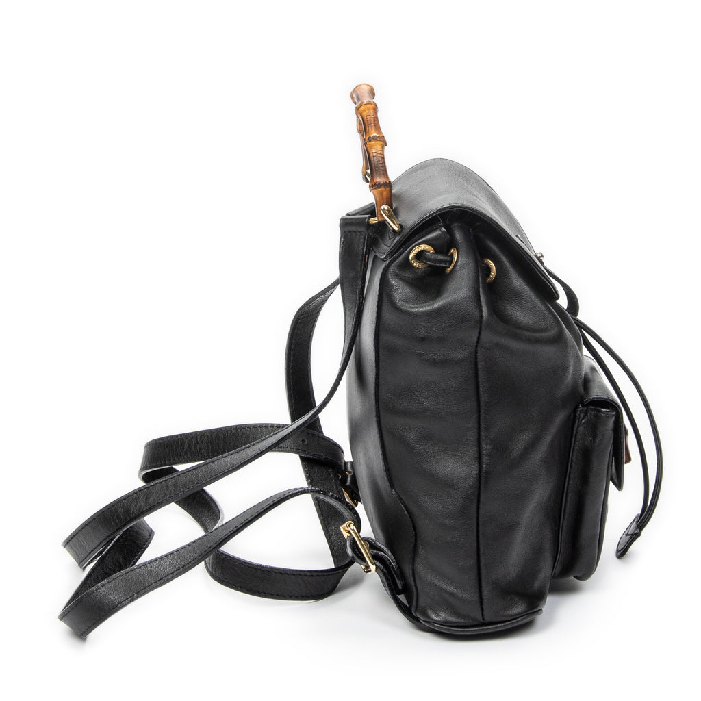 Shoulder Bag Mini Bamboo Backpack Black Calfskin Leather
